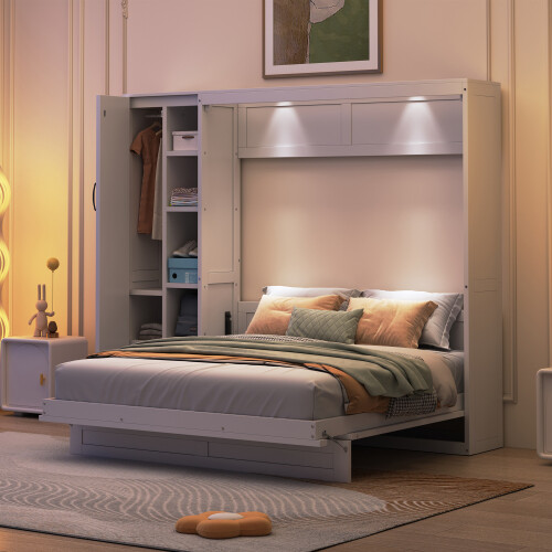 Full Queen Size Murphy Bed Wall Beds with Wardrobe Storage Shelves & LED Lights