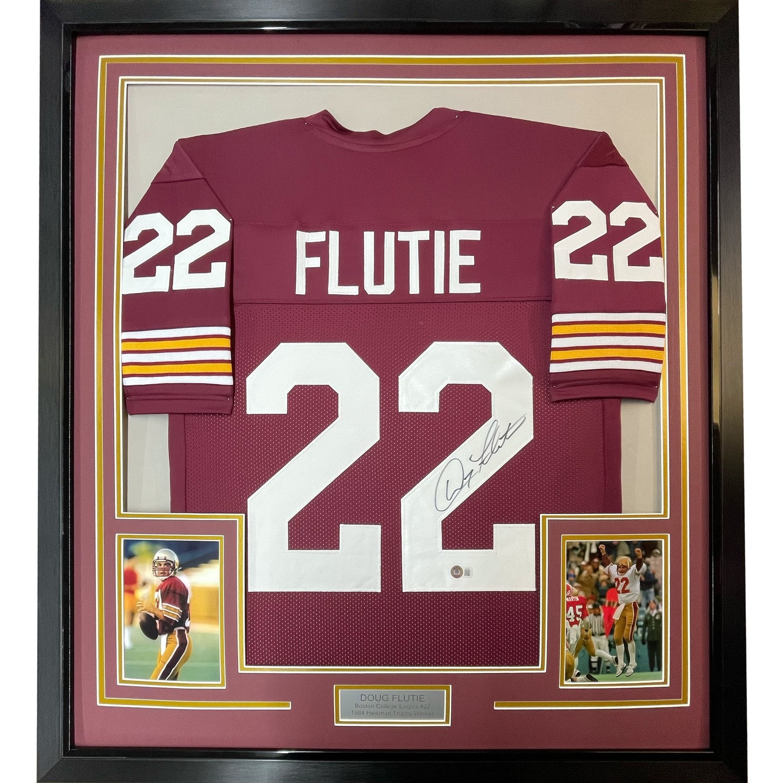 Framed Autographed/Signed Doug Flutie 35x39 Boston Maroon Jersey BAS COA