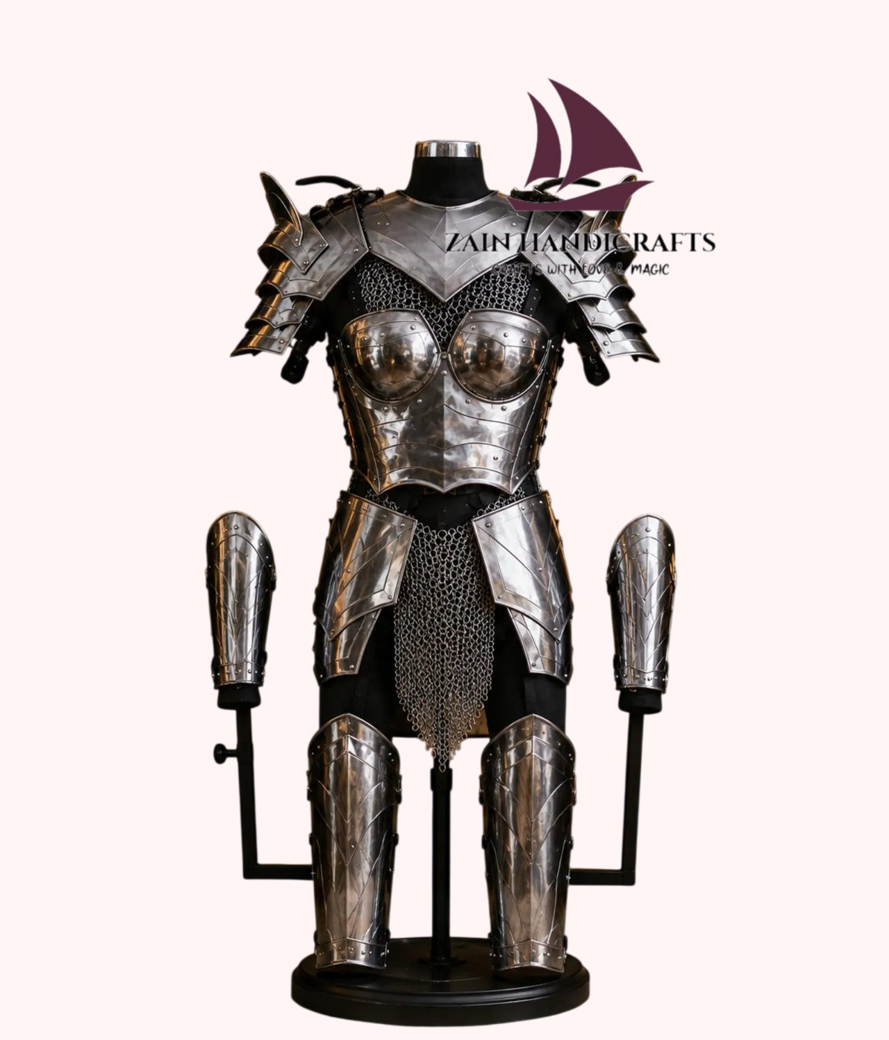 ZAIN Full Knight Armor Set | Polished Silver Gothic Plate Costume, Chainmail