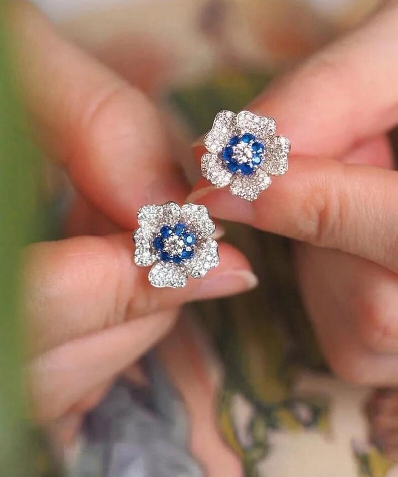 2 Ct Round Simulated Sapphire Women's Flower Stud Earring 14k White Gold Plated 2 Ct Round Simulated Sapphire Women's Flower Stud Earring 14k White Gold Plated