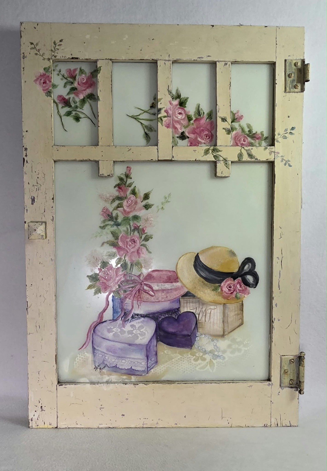 Vtg. Hand Painted Reclaimed Wood Window Art Roses Shabby Chic Signed 32”x22” Vtg. Hand Painted Reclaimed Wood Window Art Roses Shabby Chic Signed 32”x22”