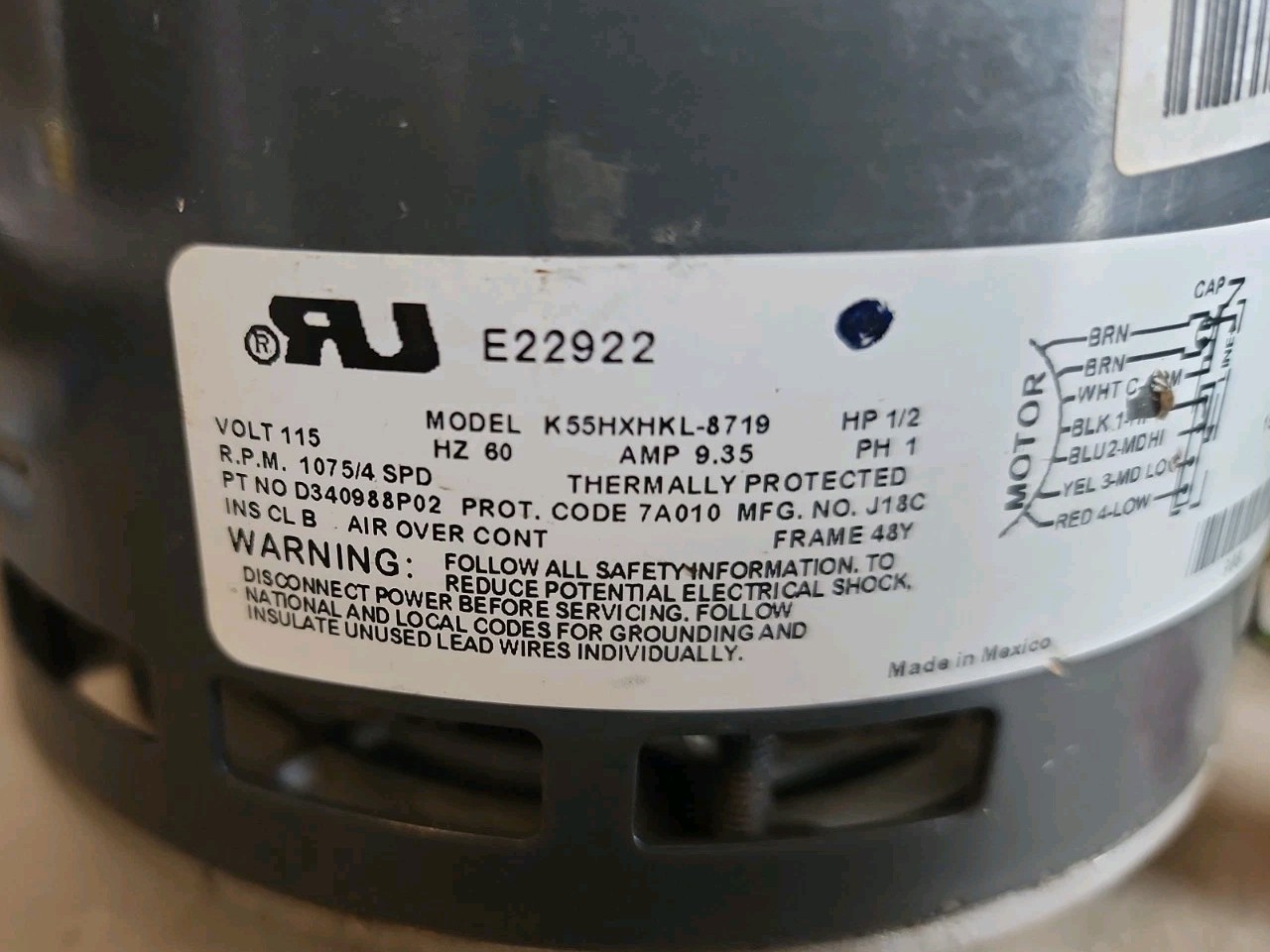 EMERSON K55HXHKL-8719 BlowerMotor 1/2 HP 1075 RPM 4SPD 1PH 115V D340988P02 3B=18 EMERSON K55HXHKL-8719 BlowerMotor 1/2 HP 1075 RPM 4SPD 1PH 115V D340988P02 3B=18