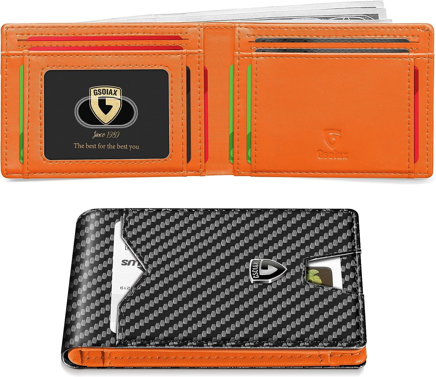 GSOIAX Slim Wallet for Men Rfid Blocking Leather Bifold Front Pocket Carbon Fibe