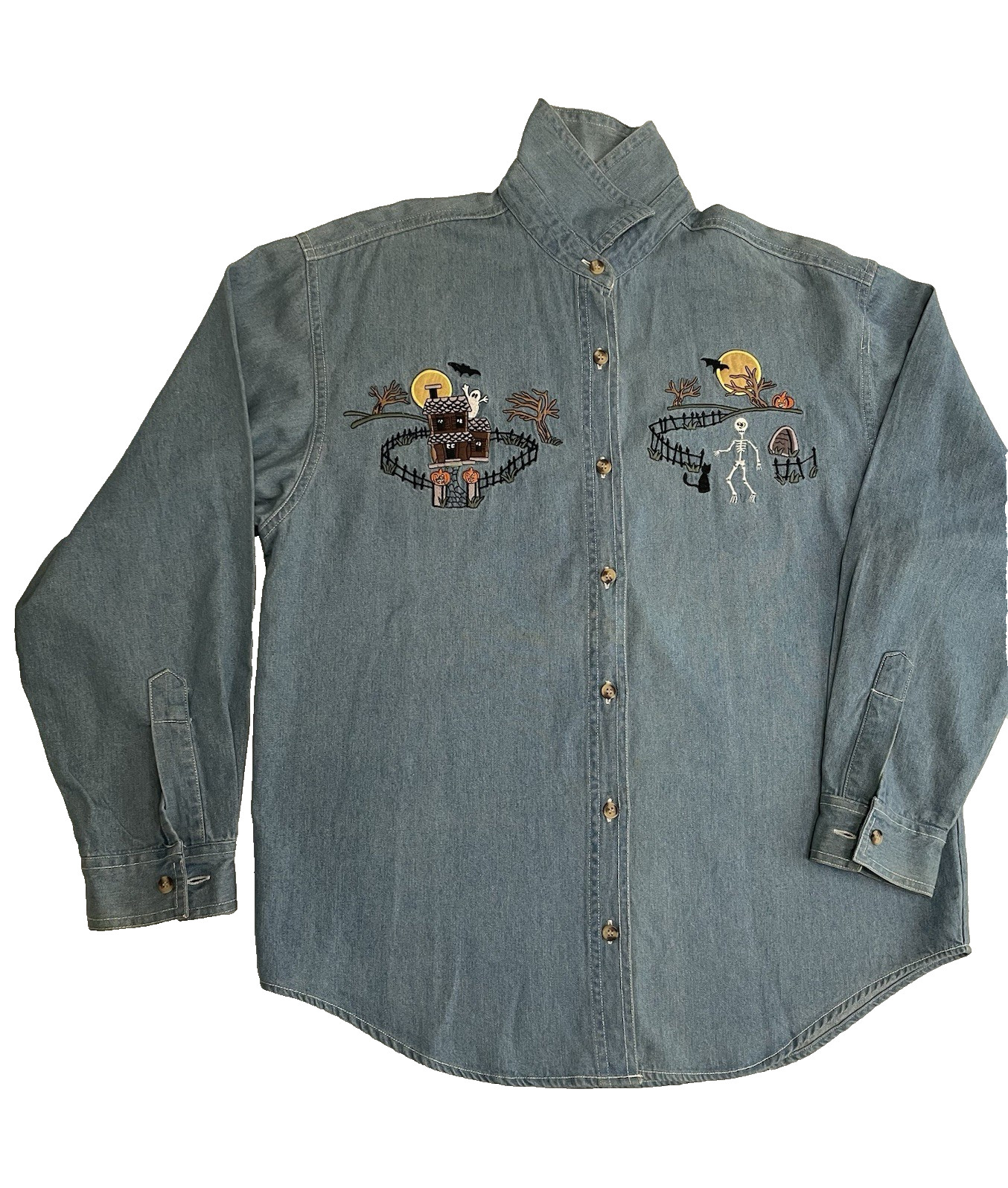 Vtg 90s Solutions Halloween Embroidered Denim Shirt PS Button-Up Ghost Bat Skele