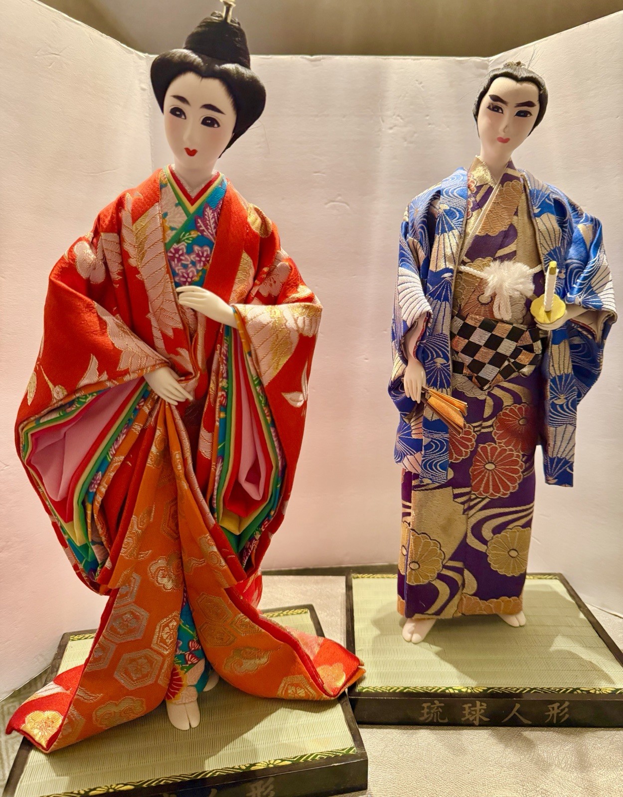 Vtg Japanese Couple Kimono Geisha Samurai Maiko Traditional Folk Craft Dolls 17”