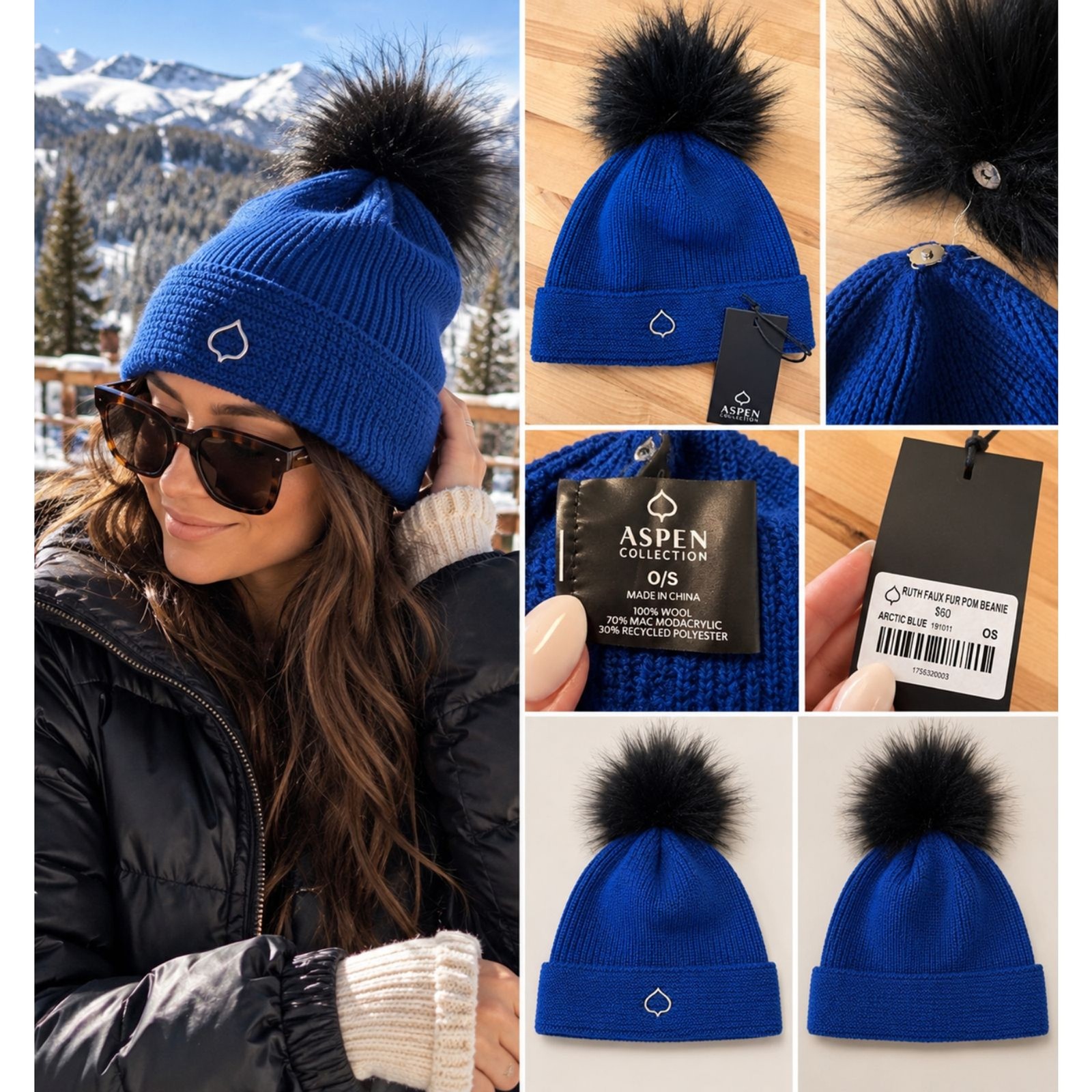 Aspen Collection Ruth Wool Faux Fur Pom Beanie Arctic Blue NWT OS