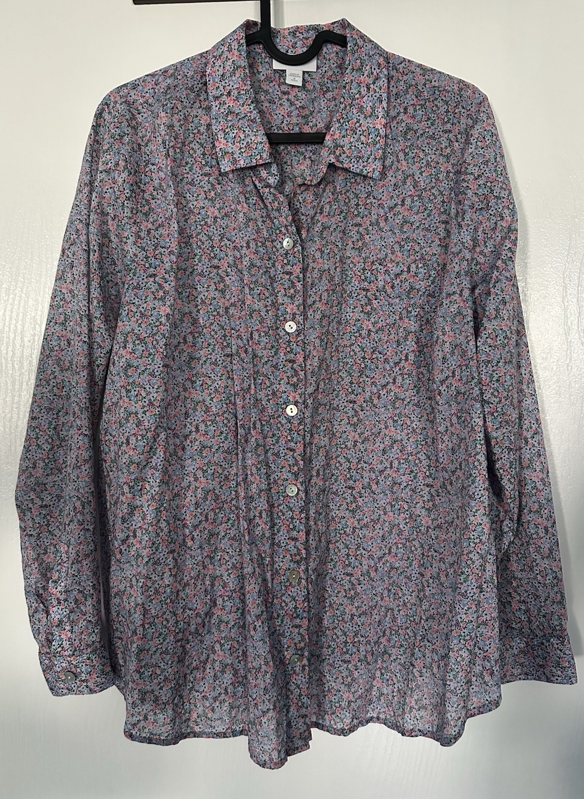 J. Jill Women’s Petite M Floral Collared Button-Up Long Sleeve Shirt Blue
