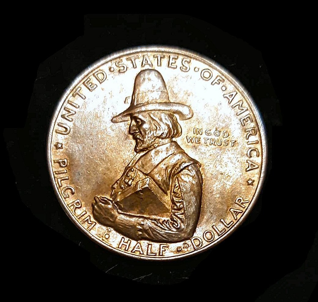 1920 - Toned Pilgrim Tercentenary 90% Silver Half Dollar ACTUAL COIN Shown 1920 - Toned Pilgrim Tercentenary 90% Silver Half Dollar ACTUAL COIN Shown