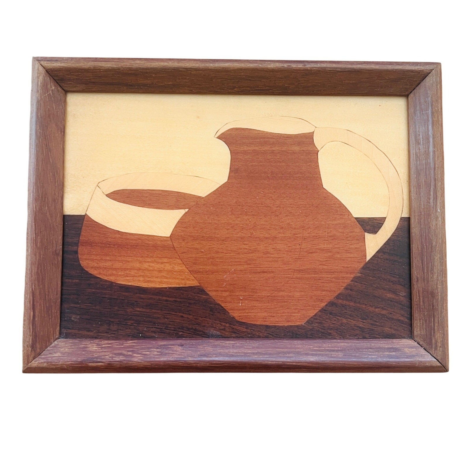 Vtg Marquetry Wood Inlay Wall Art Still Life Pitcher Bowl Framed MCM Danish Teak