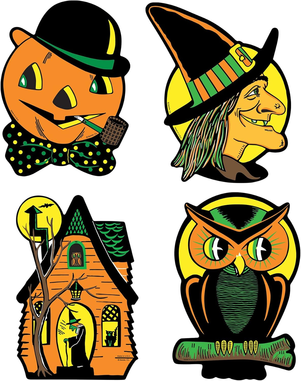 Vintage Halloween Cutouts 4-Count – Double-Sided Decorations with Retro Witch, P
