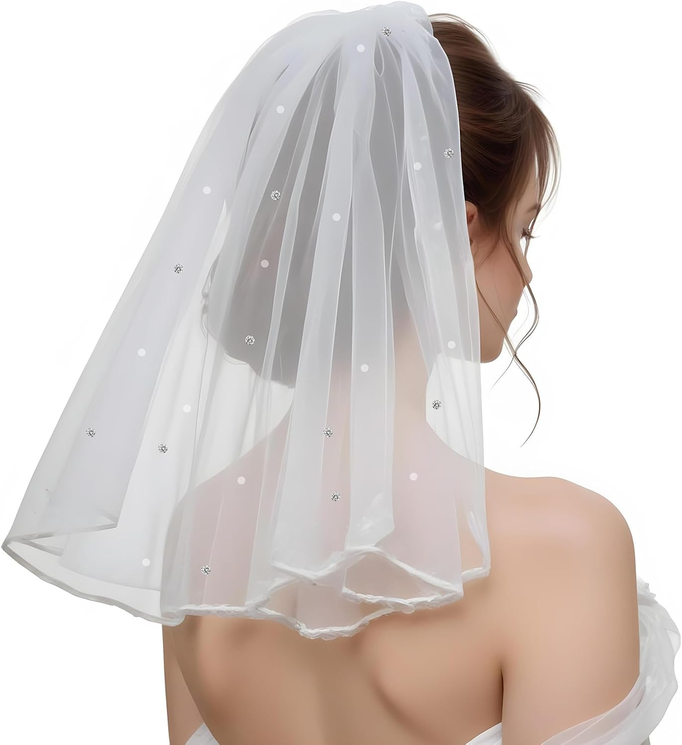 Andibro Short Bridal Veil, Women\'S Short Vails with Rhinestone White Short