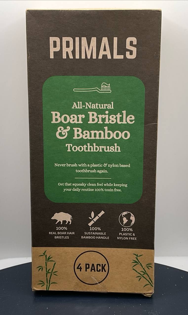 Primals All-Natural Boar Bristle & Bamboo Toothbrush 4-Pack Plastic Free