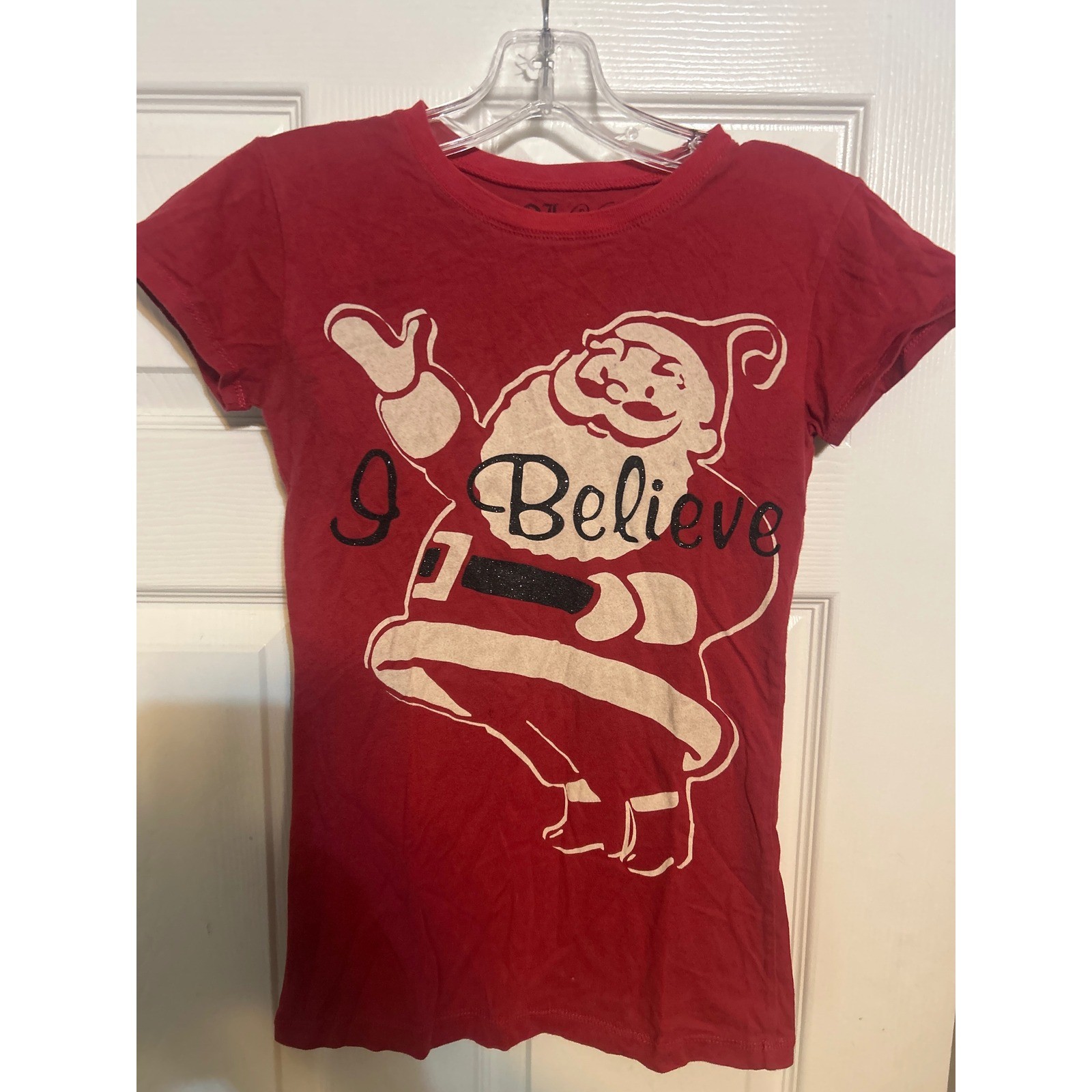 LOL Vintage Womens Red I Believe Santa Claus Glitter Graphic T-Shirt Small