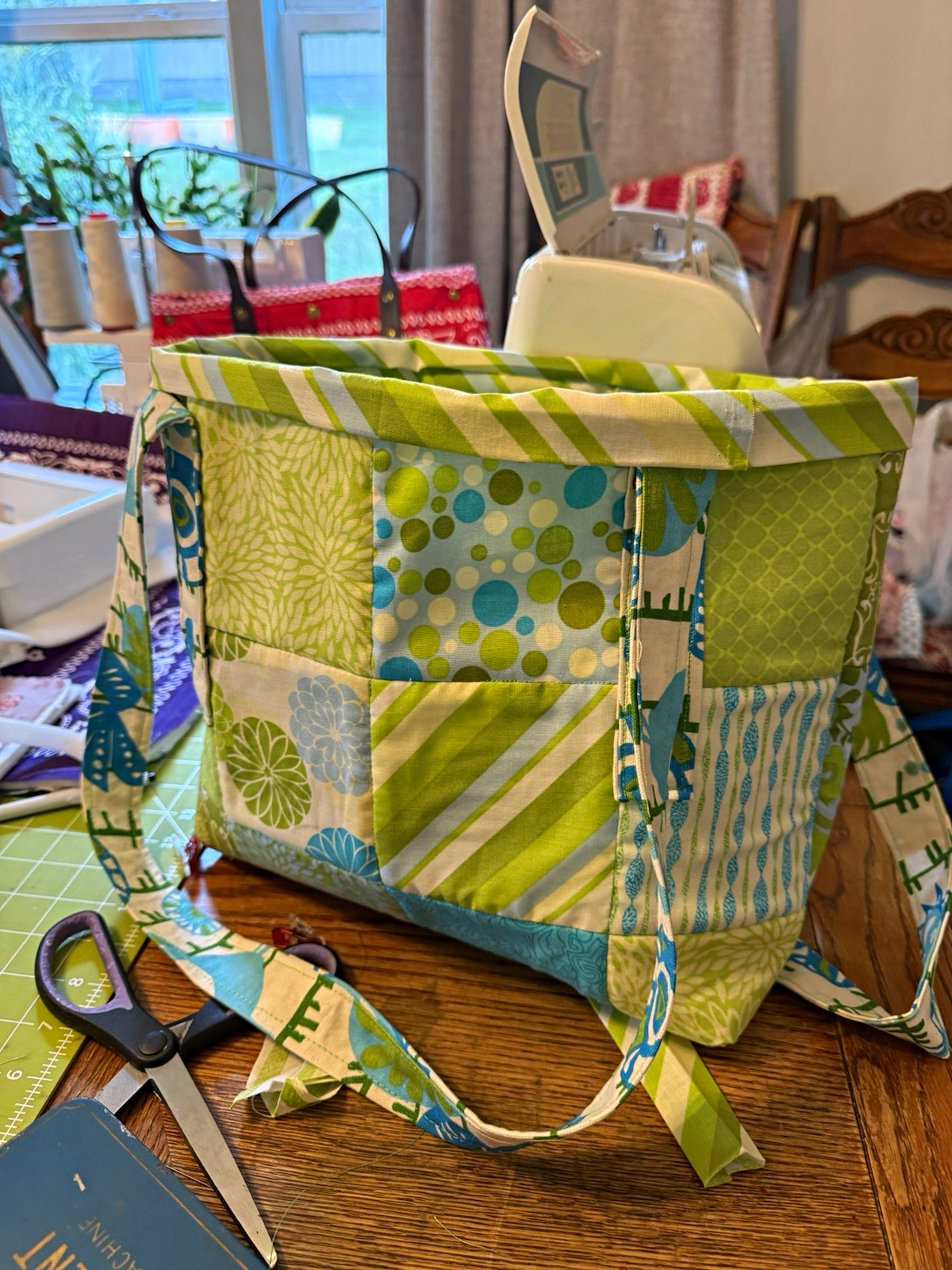 Handmade Quilted Patchwork Fabric Tote Bag Green Blue Striped Pattern