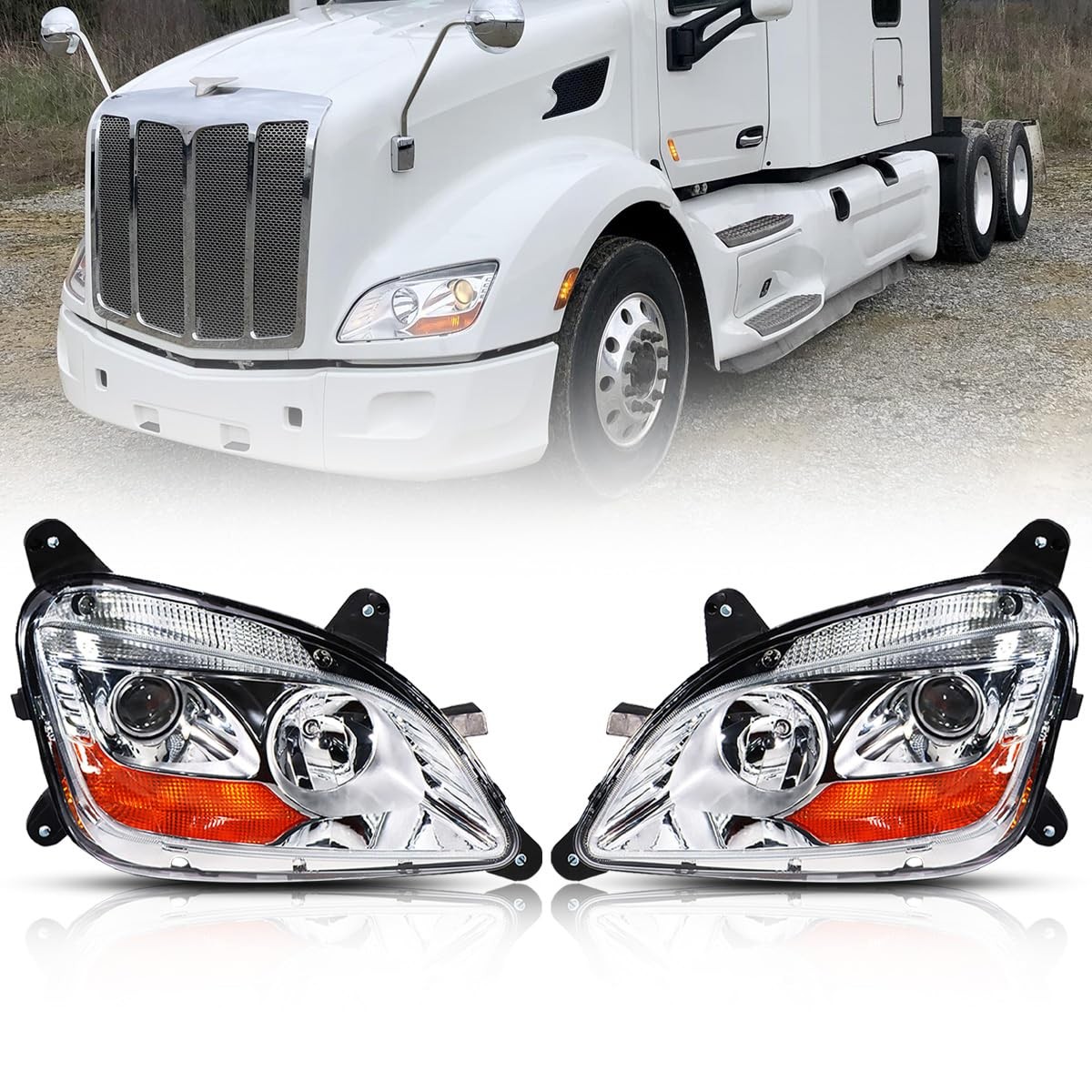 Projector Headlights for 2011-2023 Peterbilt 579 587 Chrome Housing Pair