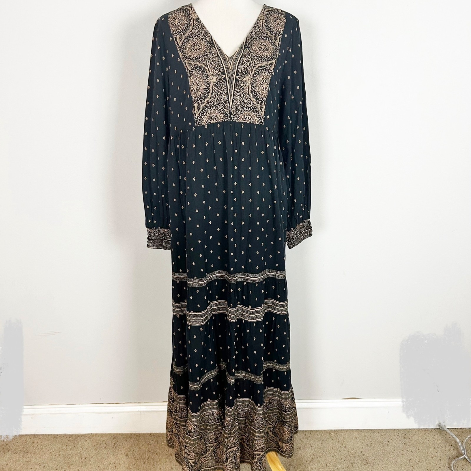 NEW Wonderly Forest Fairy Maxi Dress Boho Flowy Black Brown Earthy Size Large