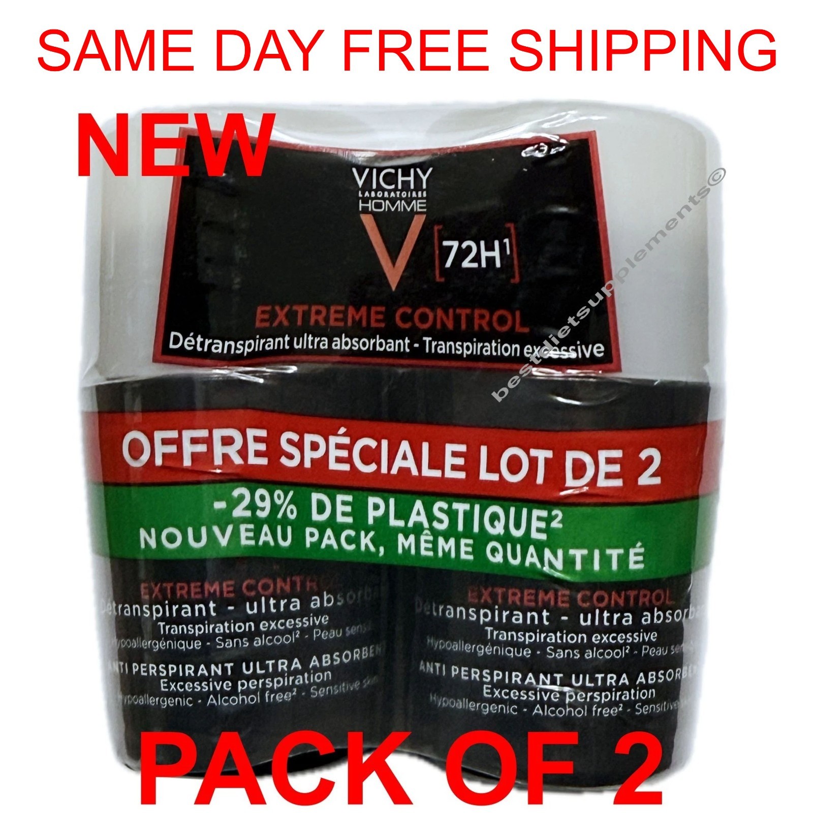 Vichy Homme 72HR Anti-Perspirant Deodorant Extrême Control 2 x 50ml  US Seller