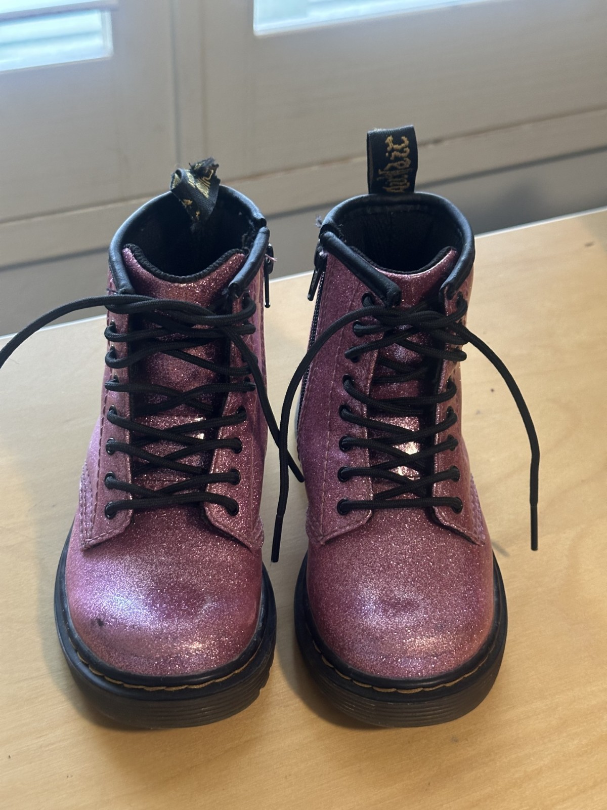 Dr. Martens Kids Pink Glitter Boots US 9 EU 26 Lace Up Side Zip Combat Boots