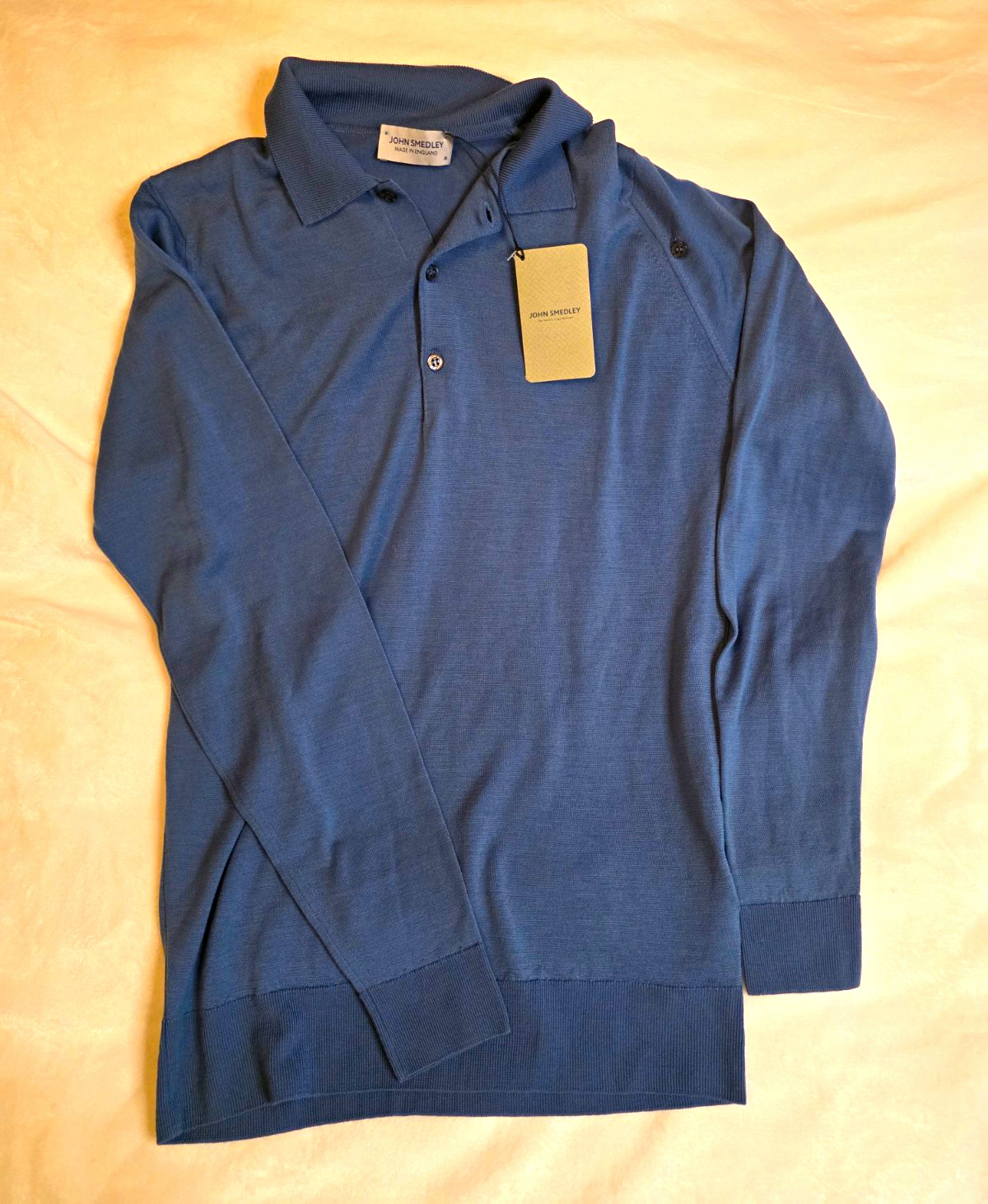 John Smedley Men\'s Blue Knit Merino Wool Collared Button Pullover Sweater M John Smedley Men\'s Blue Knit Merino Wool Collared Button Pullover Sweater M
