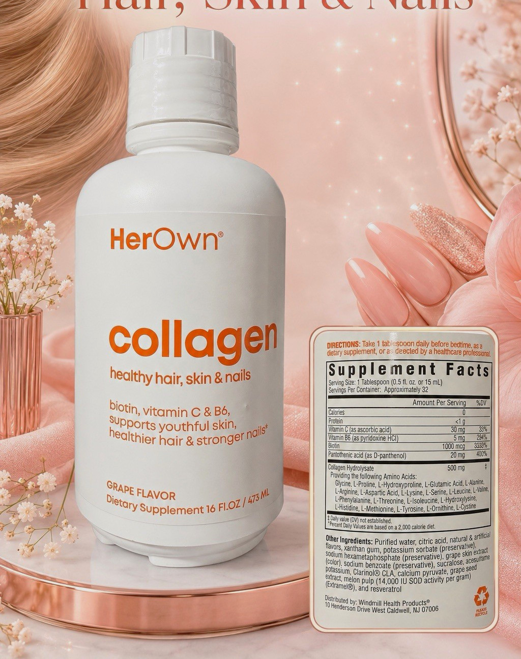 HerOwn Collagen Liquid + Biotin Vitamin C Hair Skin & Nails Grape 16 fl oz