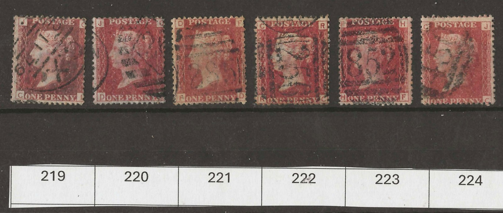 GB QV SG43/SG44. Penny Red plates 219-224, including scarce plates. Fine Used