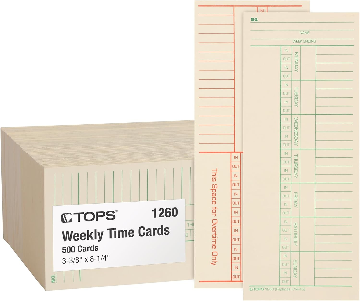 TOPS Time Cards, Weekly, 2-Sided, Named 3-3/8" x 8-1/4", Manila 