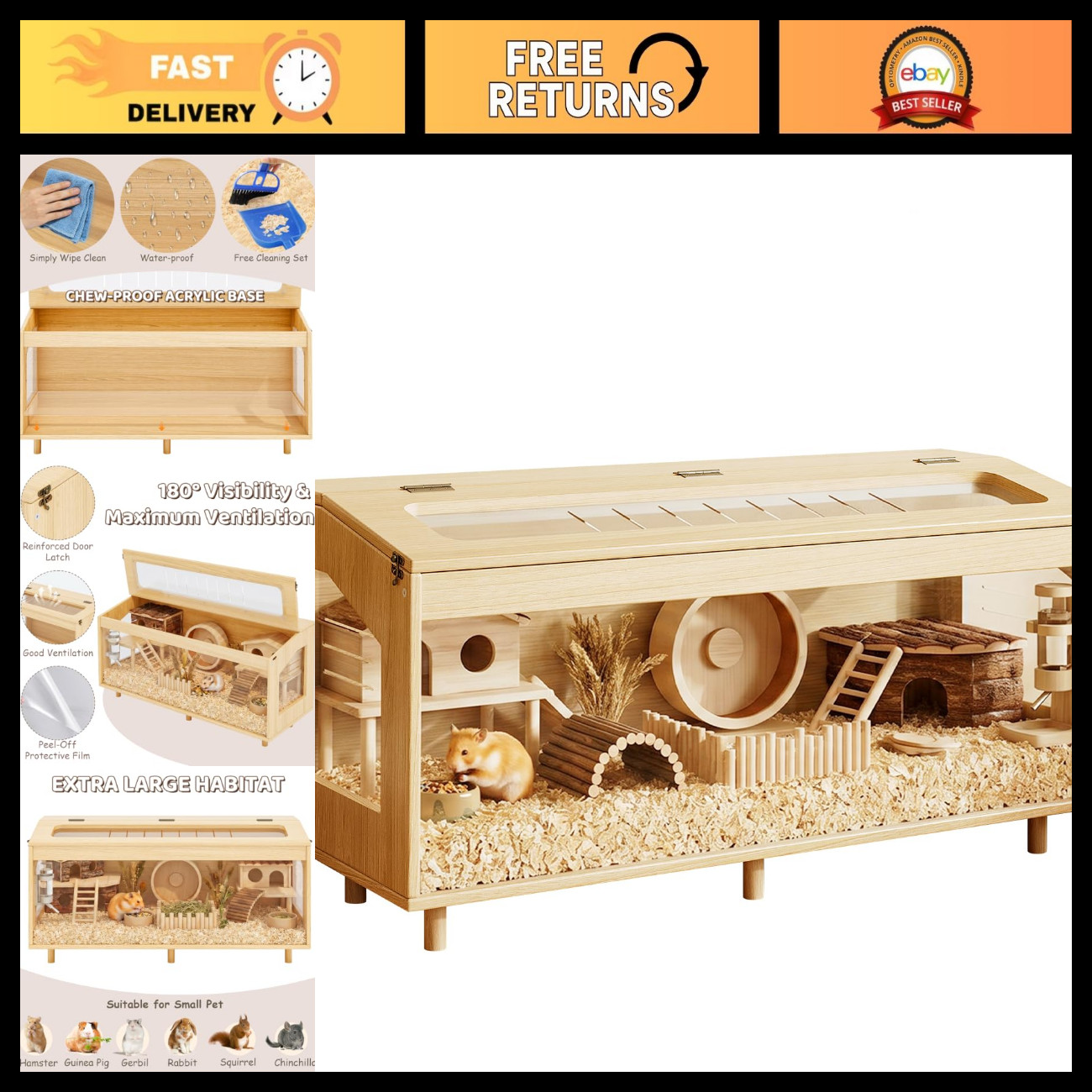 Spacious Wooden Hamster Cage with Acrylic Base, 39.4\