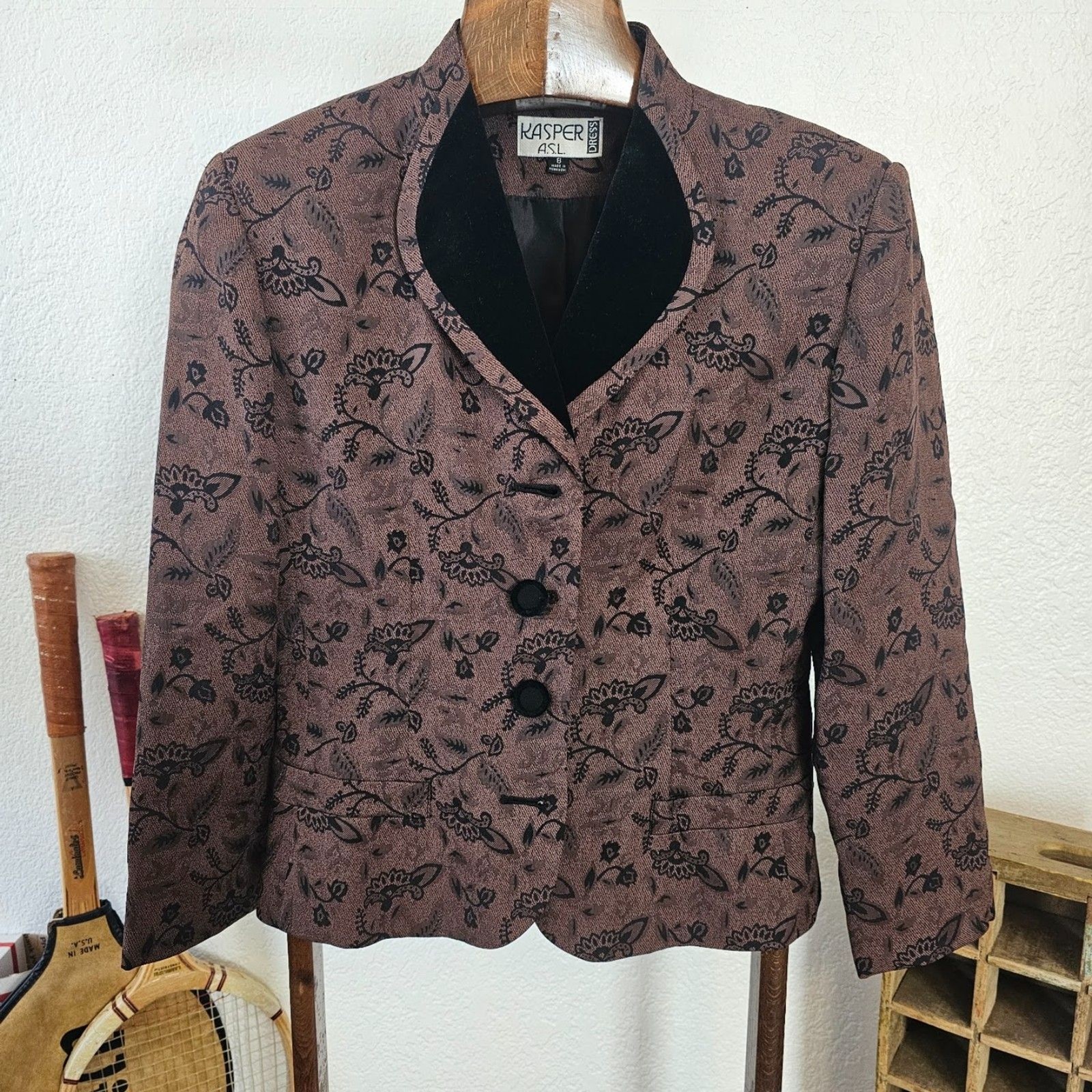 Vintage Kasper ASL Brocade Blazer Jacket Womens 8 Black Velvet Dark Academia