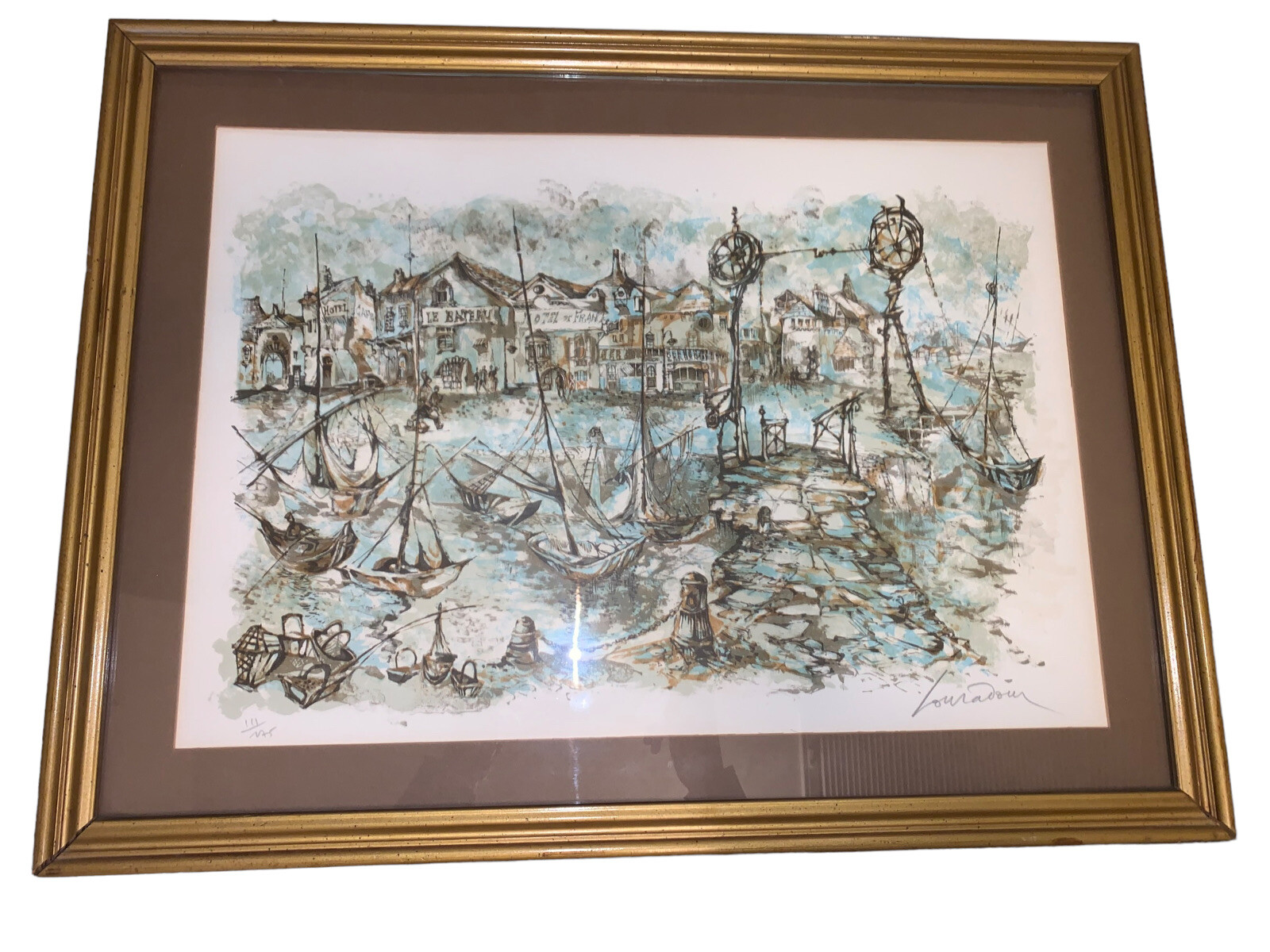 Framed Litho Print Limited Ed 111/275 Daniel Louradour FRENCH HARBOR SCENE SHIPS
