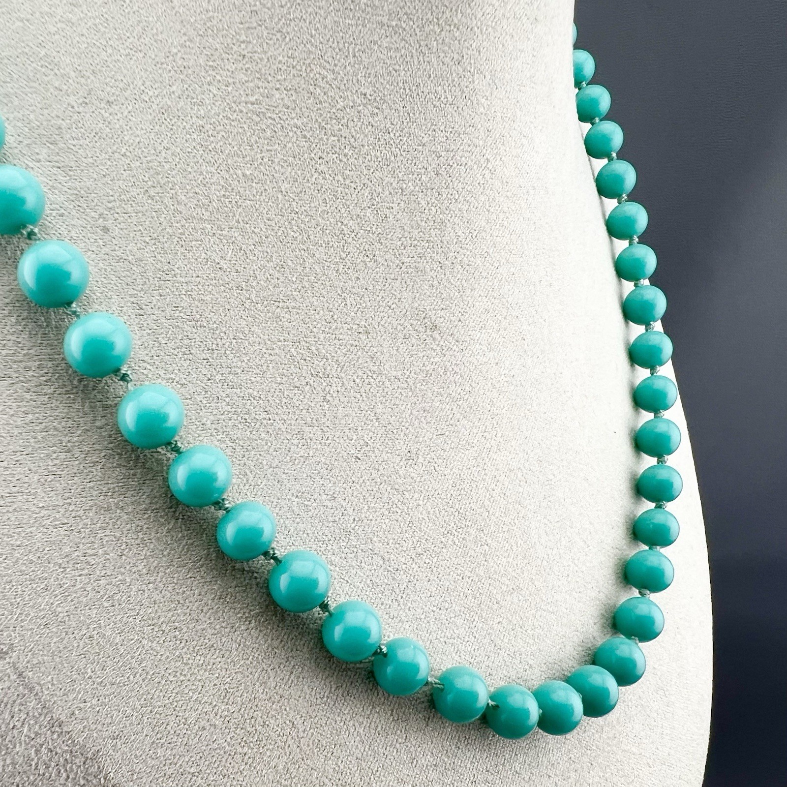 Vintage Les Bernard Necklace Aqua Blue Glass Beaded Hand Knotted Signed 26”