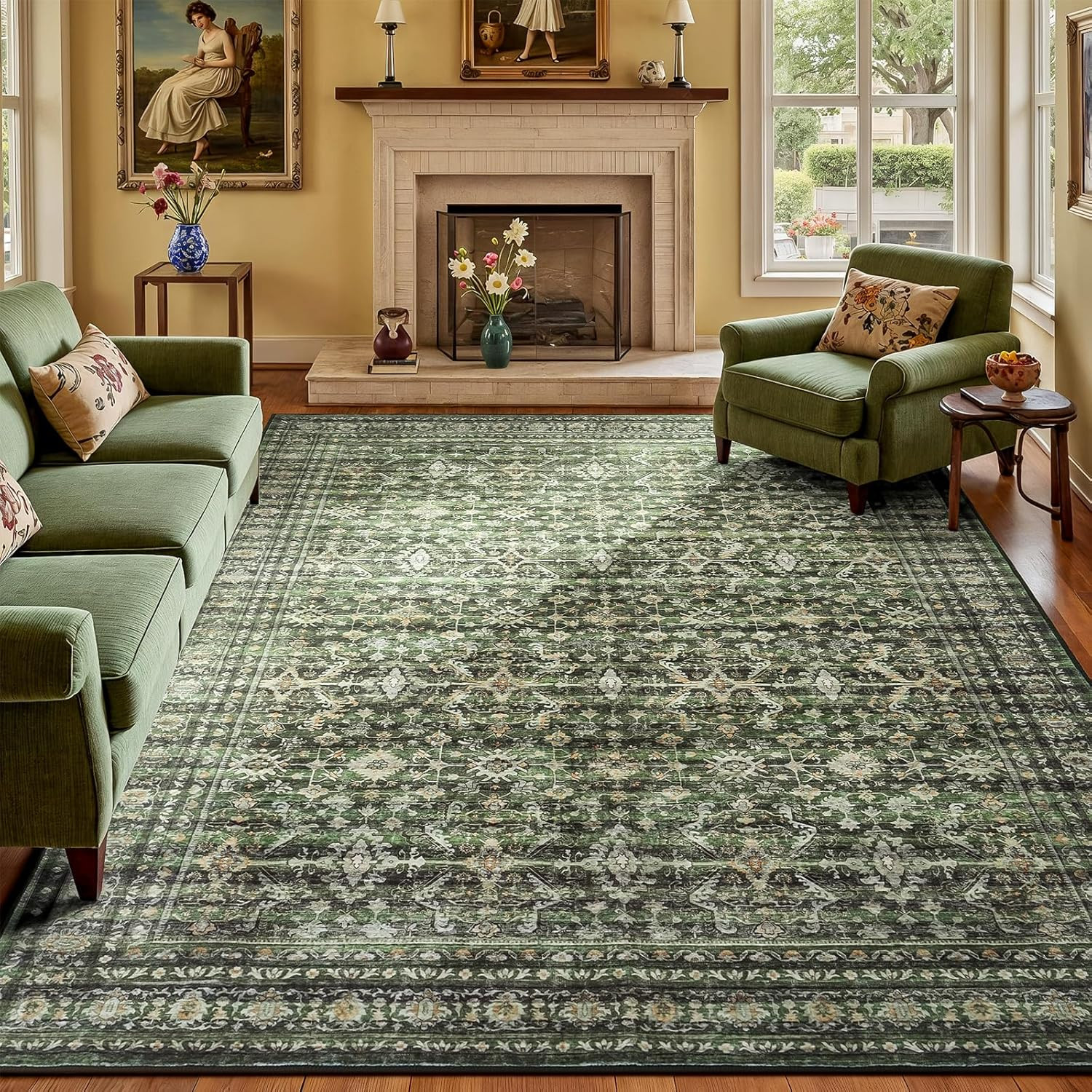 8x10 Area Rug Green Washable Large Boho Living Room Bedroom Non Slip Carpet
