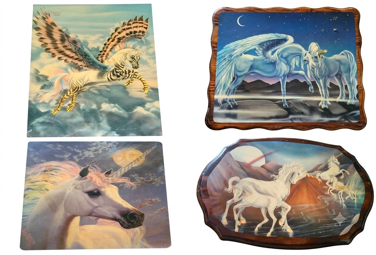 4 Vtg 1980s Fantasy Art 2-Signed Sue Dawe Unicorns Horse Pegasus Wood 4 Vtg 1980s Fantasy Art 2-Signed Sue Dawe Unicorns Horse Pegasus Wood