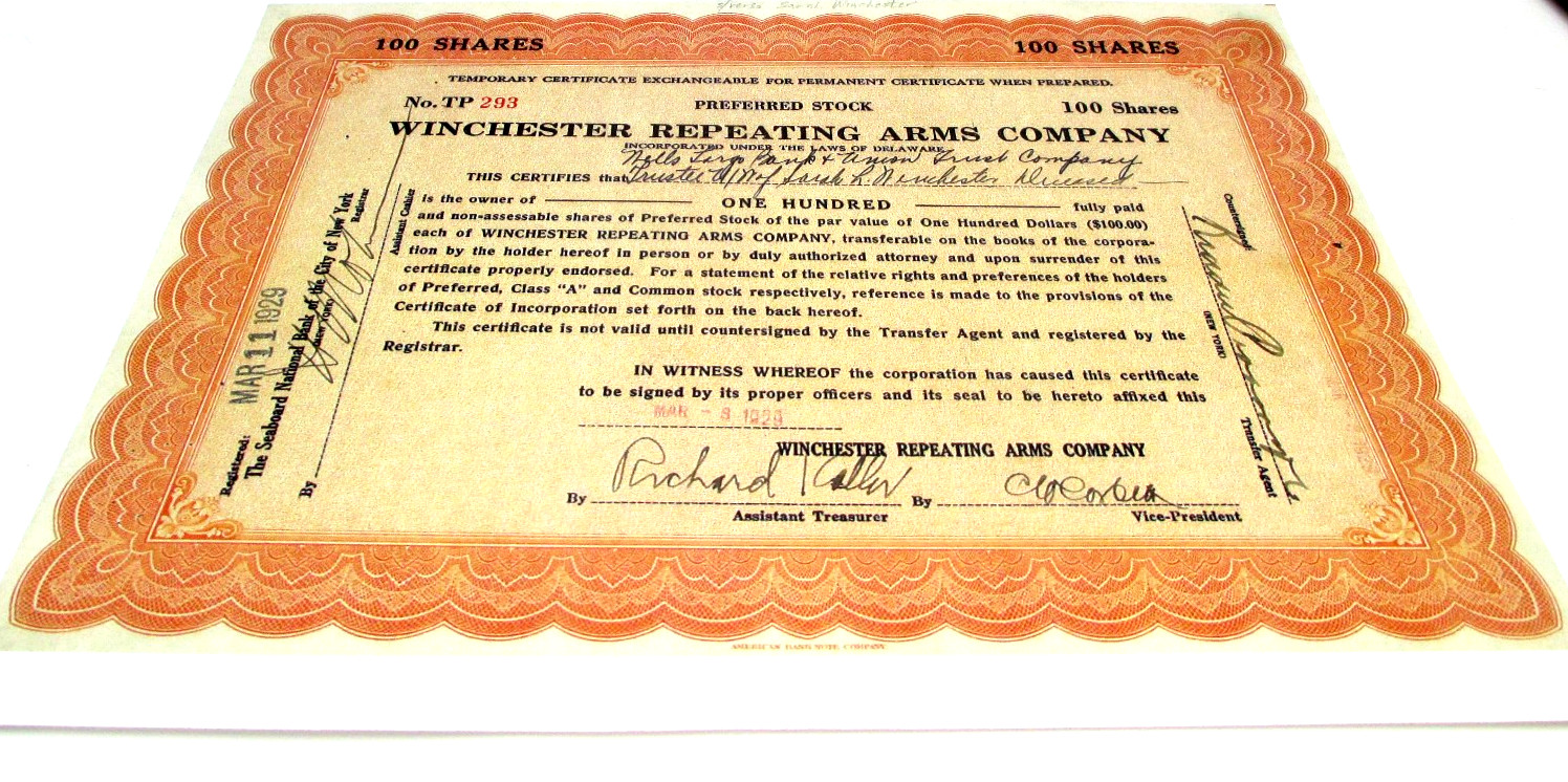1929 WINCHESTER REPEATING ARMS STOCK CERTIFICATE 100 SHARES front/back ART Print 1929 WINCHESTER REPEATING ARMS STOCK CERTIFICATE 100 SHARES front/back ART Print