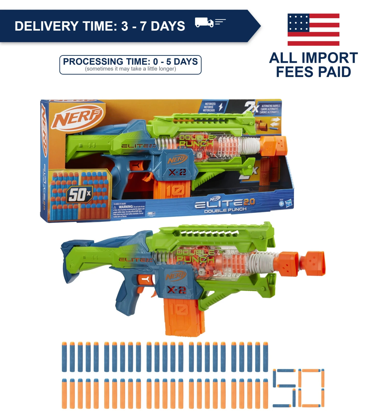 Nerf Elite 2.0 Double Punch Motorized Dart Blaster Toy with 50 Darts 2 Clips