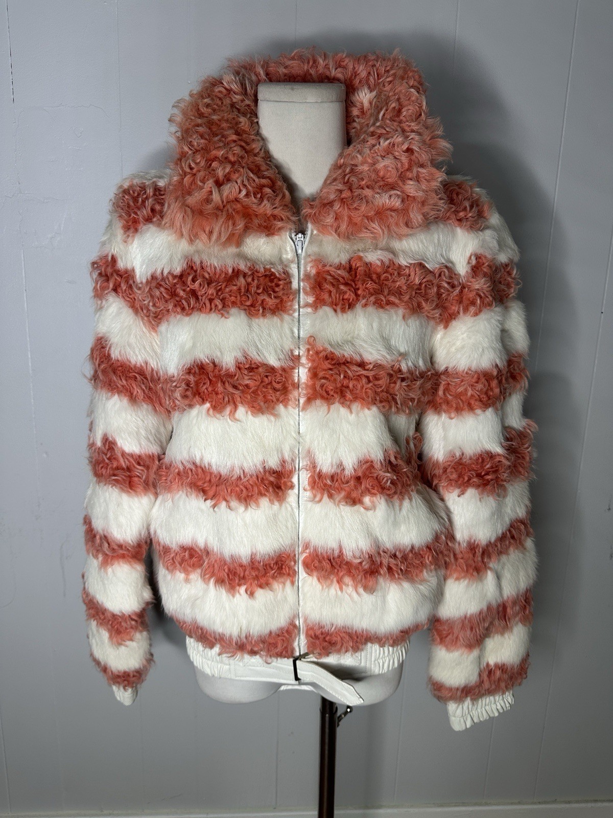 Vintage 80s Deadstock Mix Fur Pink White Stripe Bomber Vintage 80s Deadstock Mix Fur Pink White Stripe Bomber