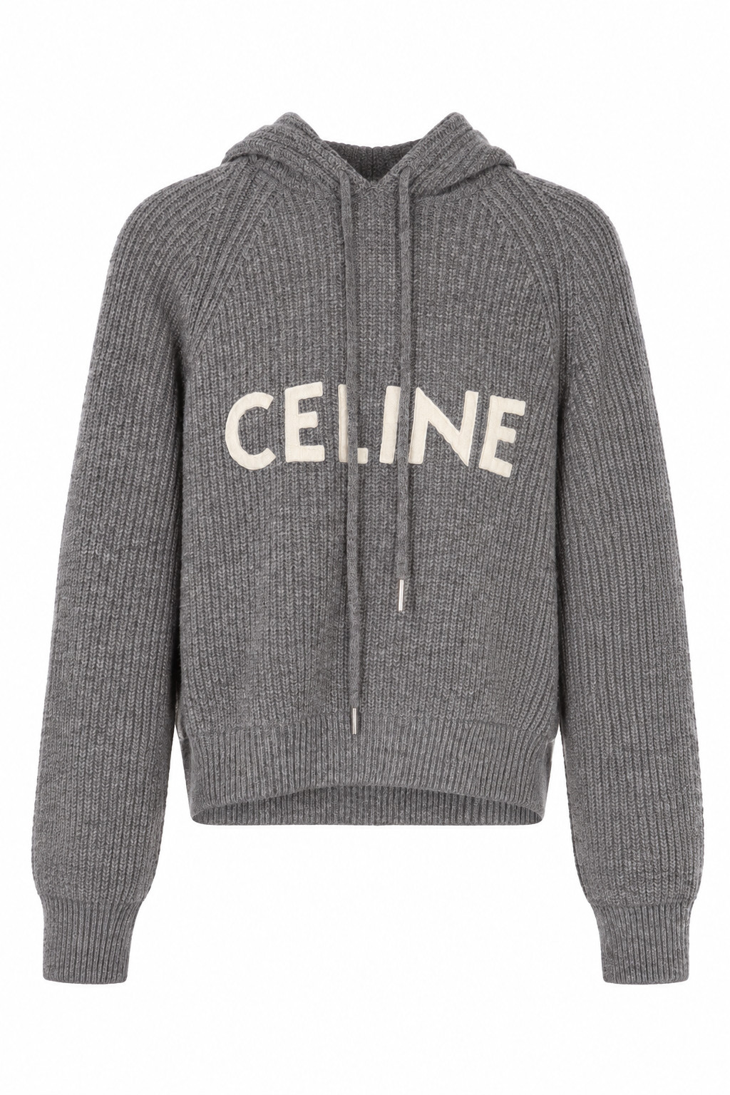 Celine Wool Cashmere Ribbed Hoodie Sweater in Gray