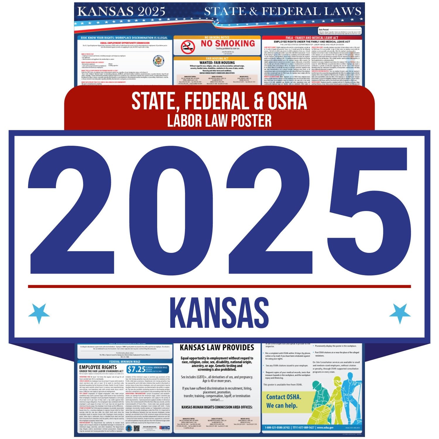2025 Kansas State and Federal Labor Law Poster - OSHA Workplace Compliant - M...