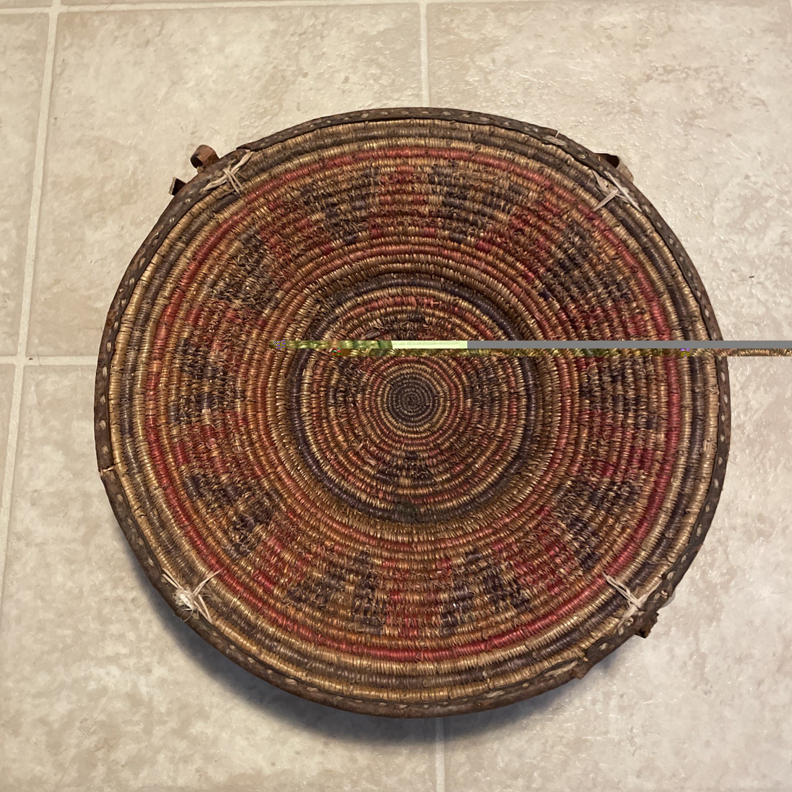 Vintage Handmade Ethiopian African Harari Woven Basket Leather & Cowrie Shells 