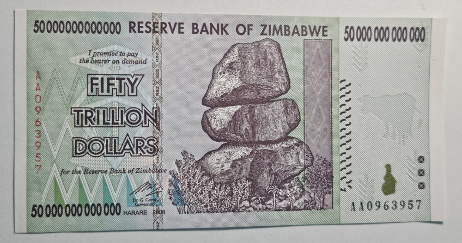 5 x 2008 50 TRILLION DOLLARS ZIMBABWE BANKNOTE, AA P-90 GEM UNC