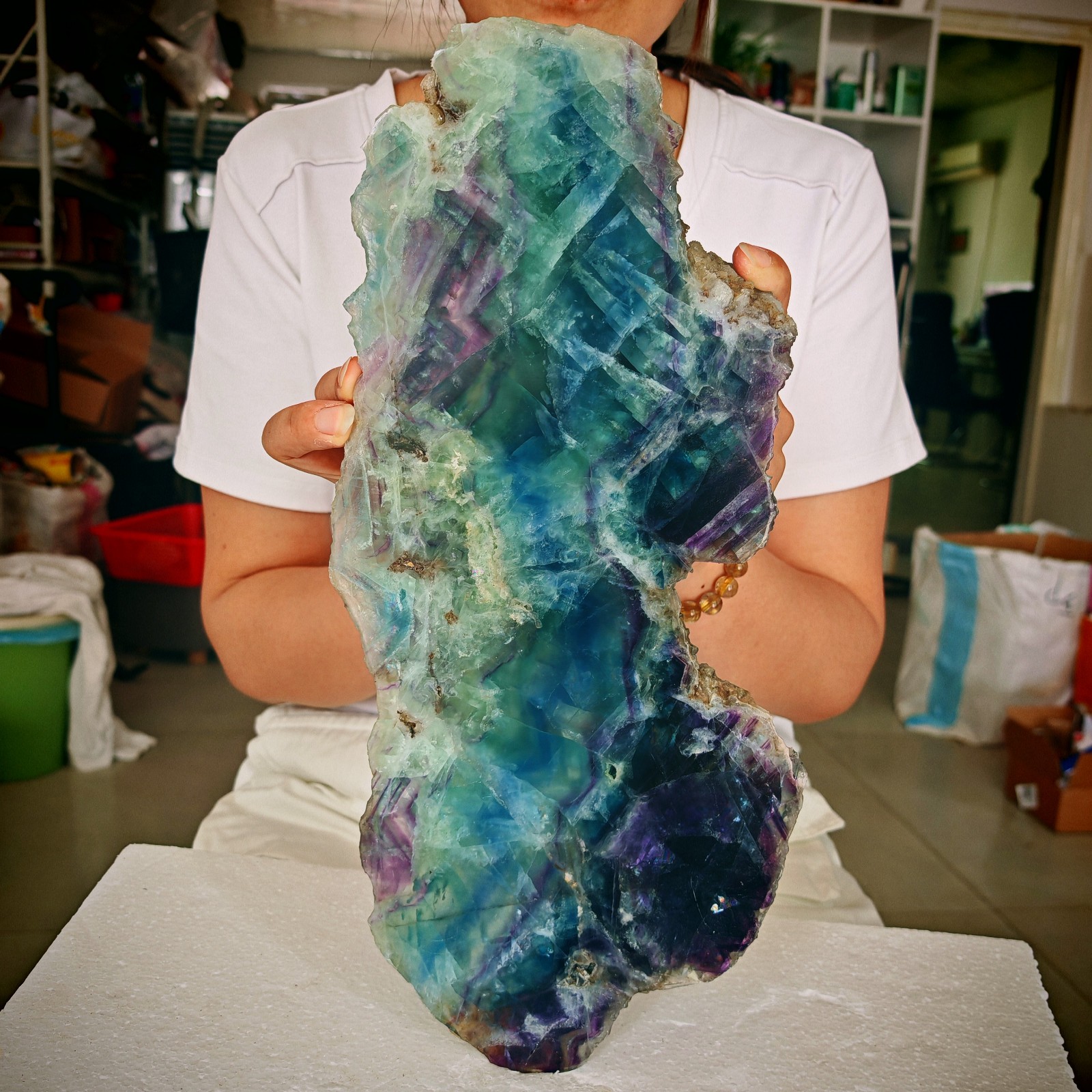 5.39LB Natural colored fluorite crystal tower specimen slice healing 2450g