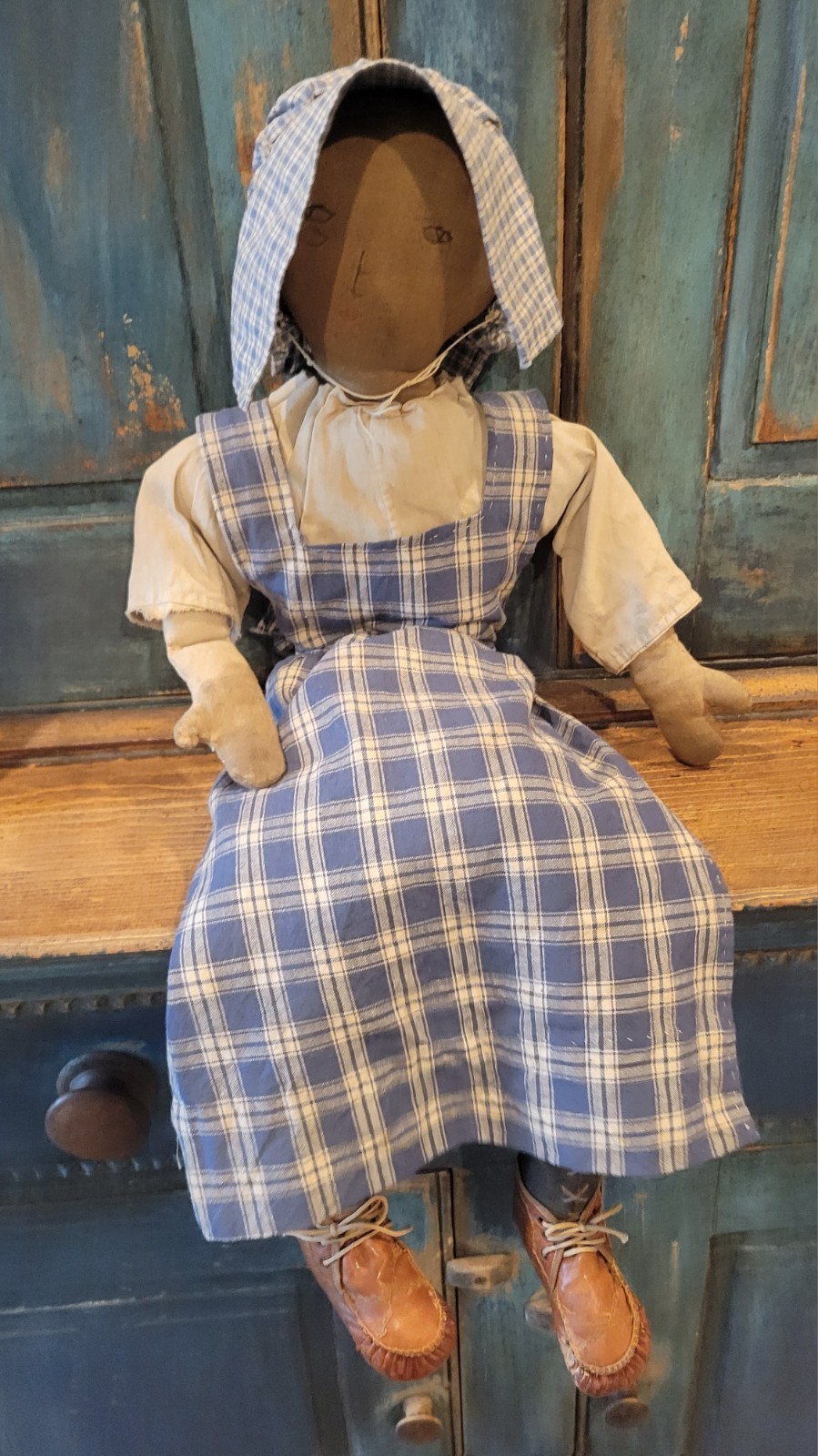 Primitive Handmade Doll In Blue Homespun