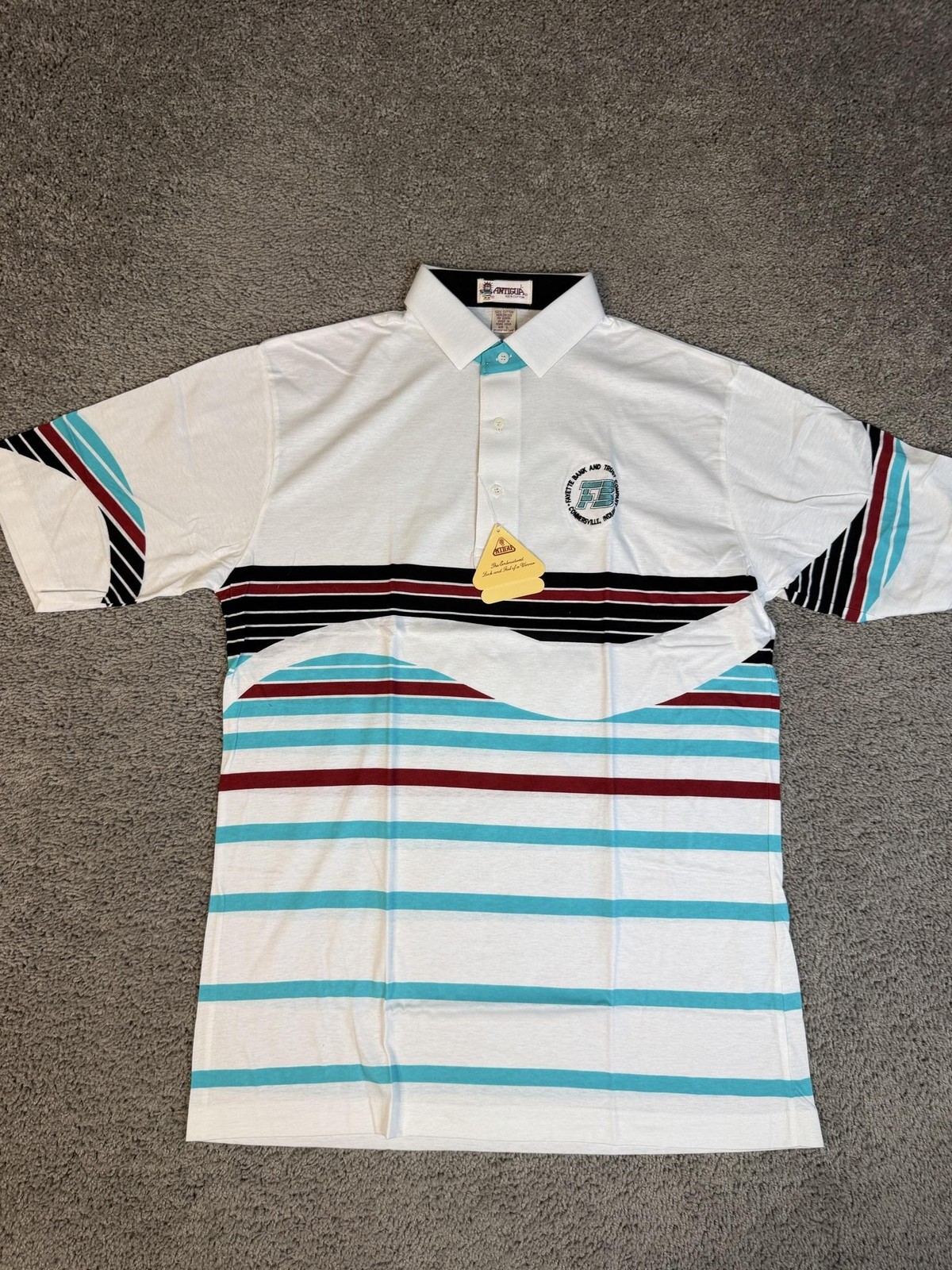 Vintage Antigua Polo Shirt Mens L White Wave Striped Bank Trust Short Sleeve