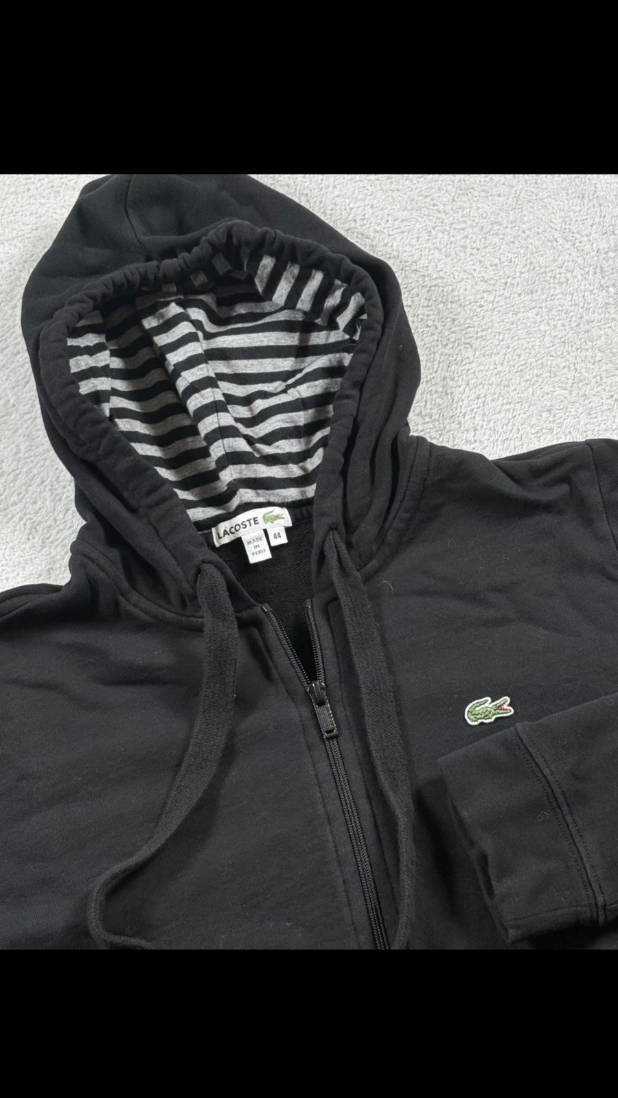 Lacoste Mens Full Zip Hoodie Black Striped Hood Lining 100% Cotton Size Small~ Lacoste Mens Full Zip Hoodie Black Striped Hood Lining 100% Cotton Size Small~