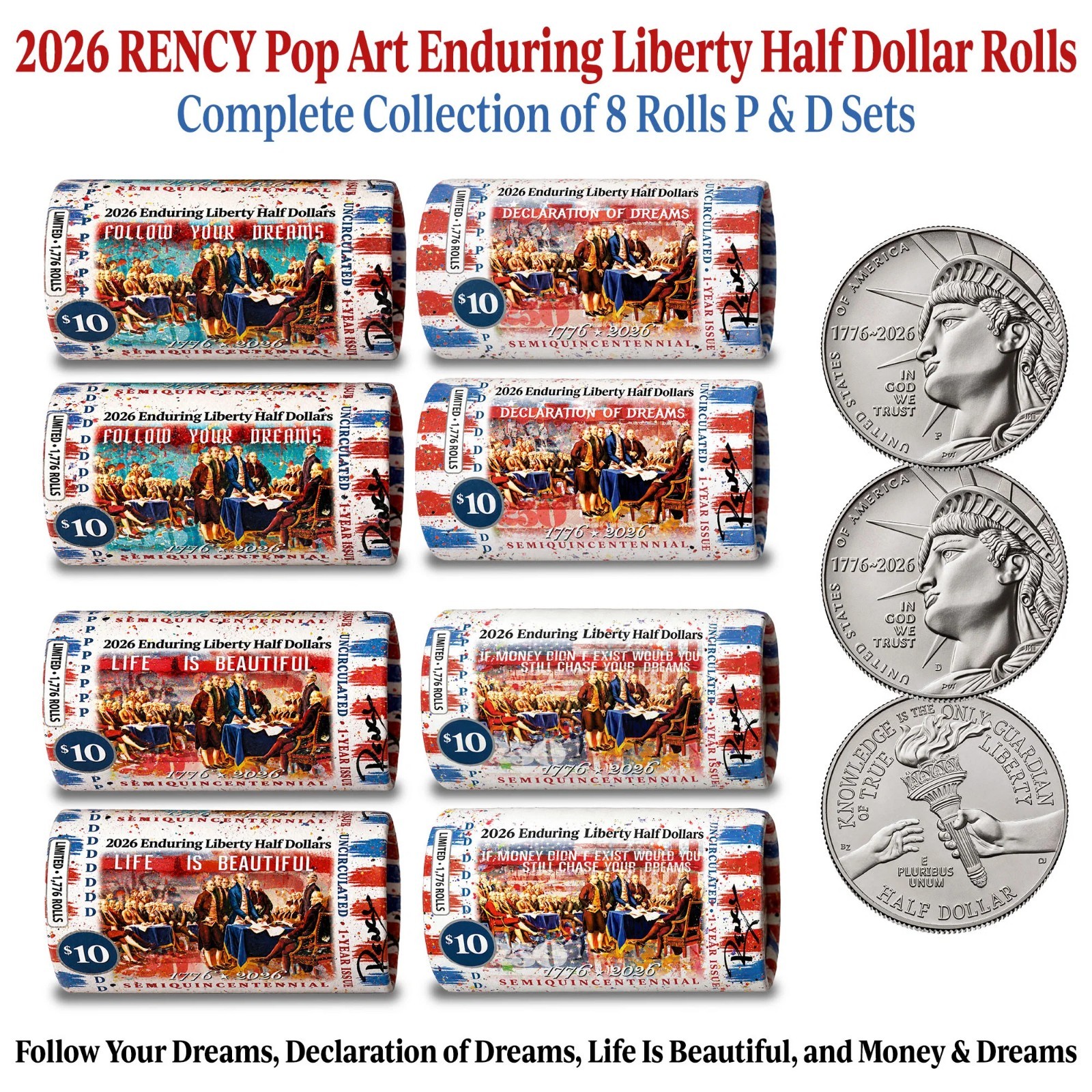 2026 Enduring Liberty Half Dollar COMPLETE P&D 4 Roll Set by RENCY-8 Rolls Total