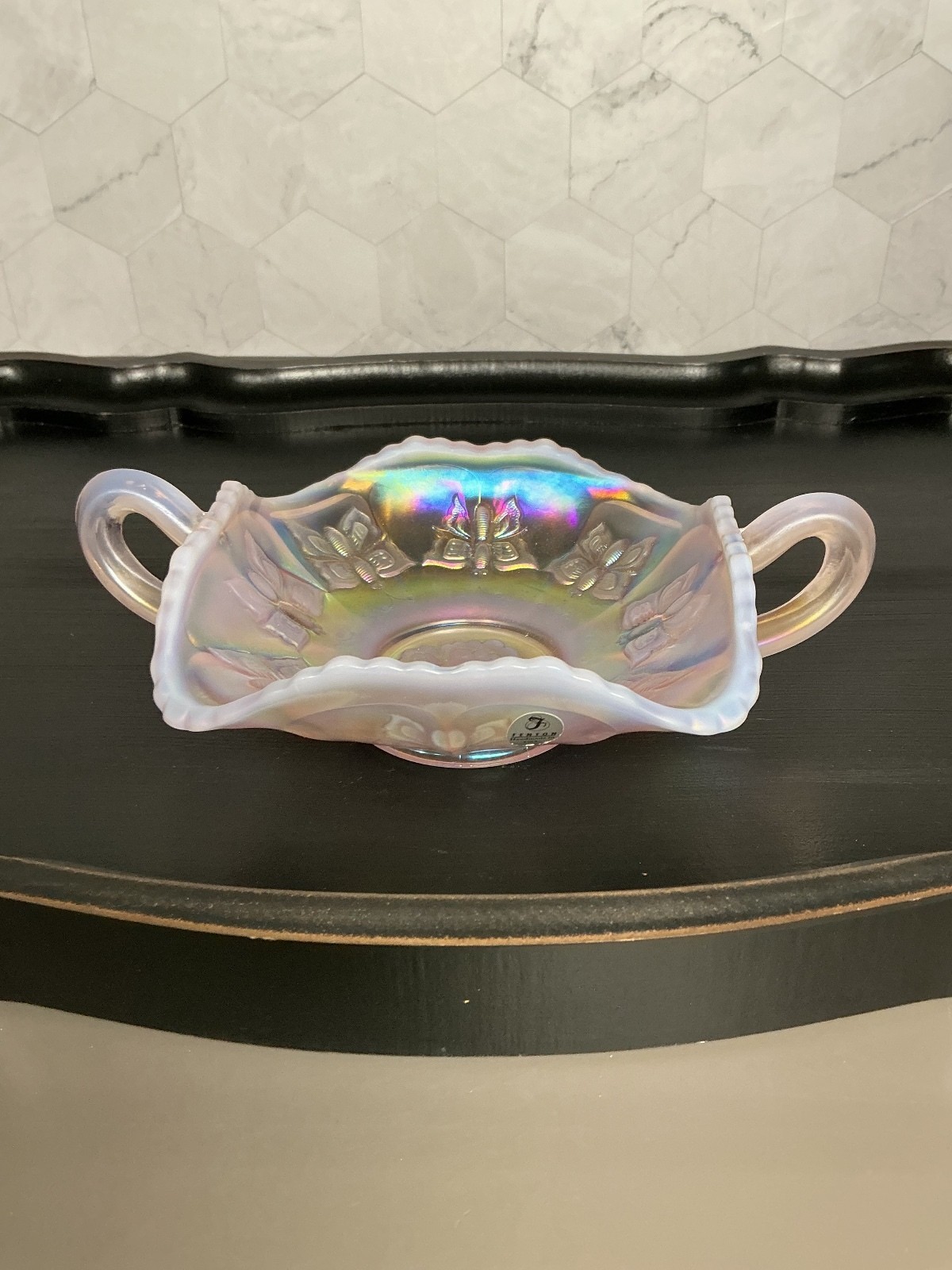 Fenton Pink Opalescent Carnival Glass Butterfly Bon Bon Dish Fenton Pink Opalescent Carnival Glass Butterfly Bon Bon Dish