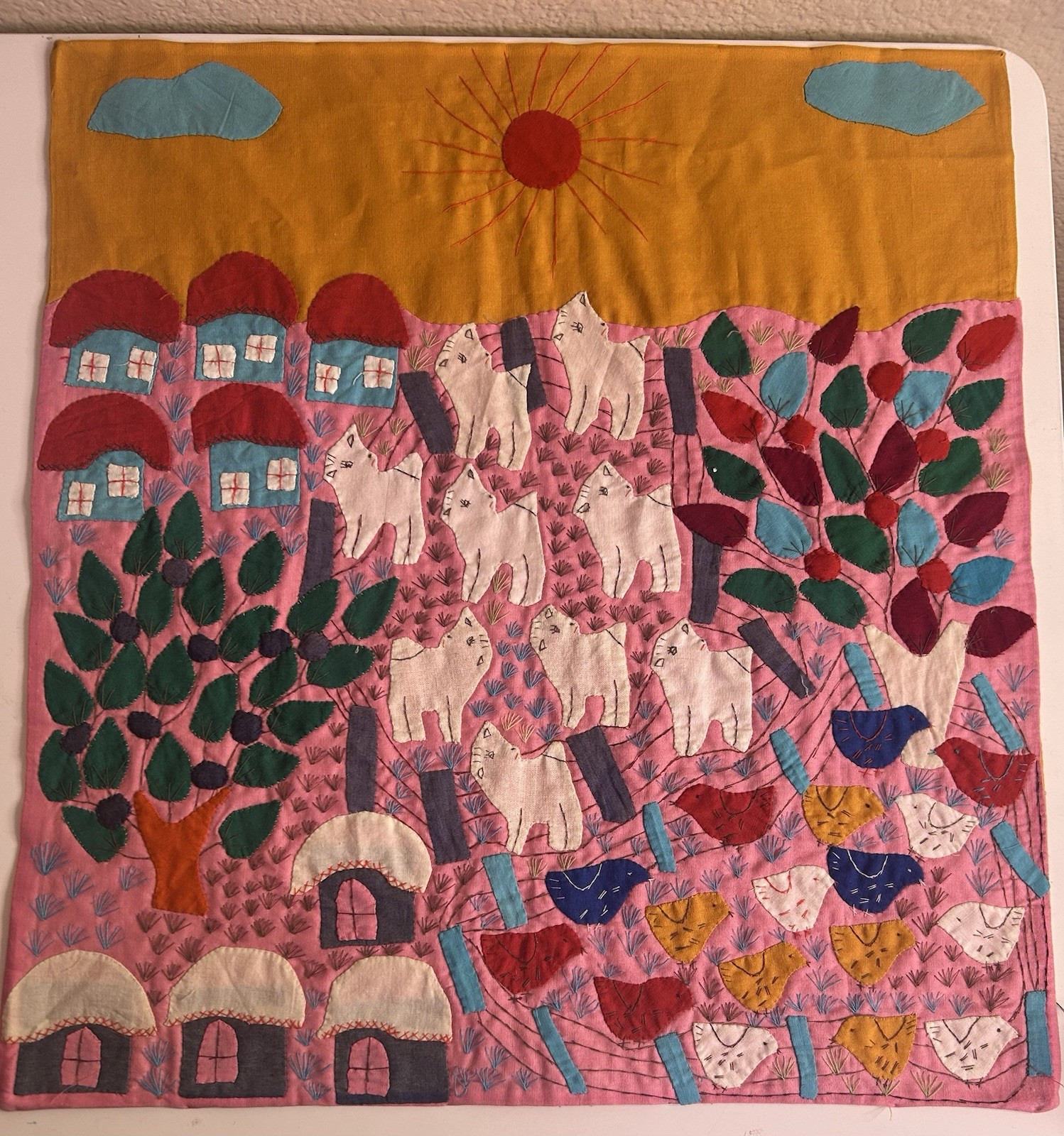 Peruvian Arpillera Scene Wall Hanging Embroidery FOLK ART Appliqué 19 X 17.5”