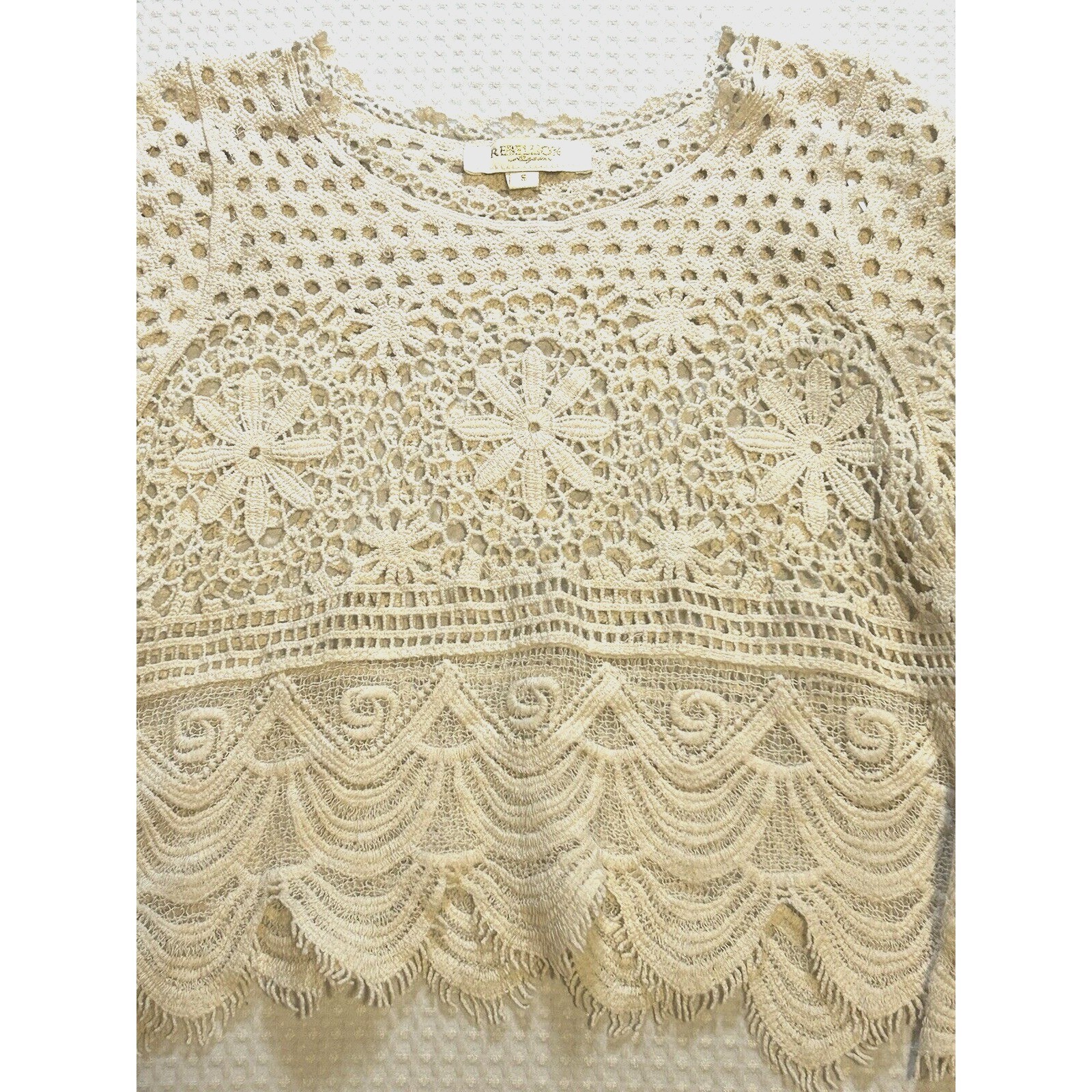 Rebellion Again Crochet - Women\'s Small Top Sleeveless Shirt Festival Boho Cream Rebellion Again Crochet - Women\'s Small Top Sleeveless Shirt Festival Boho Cream