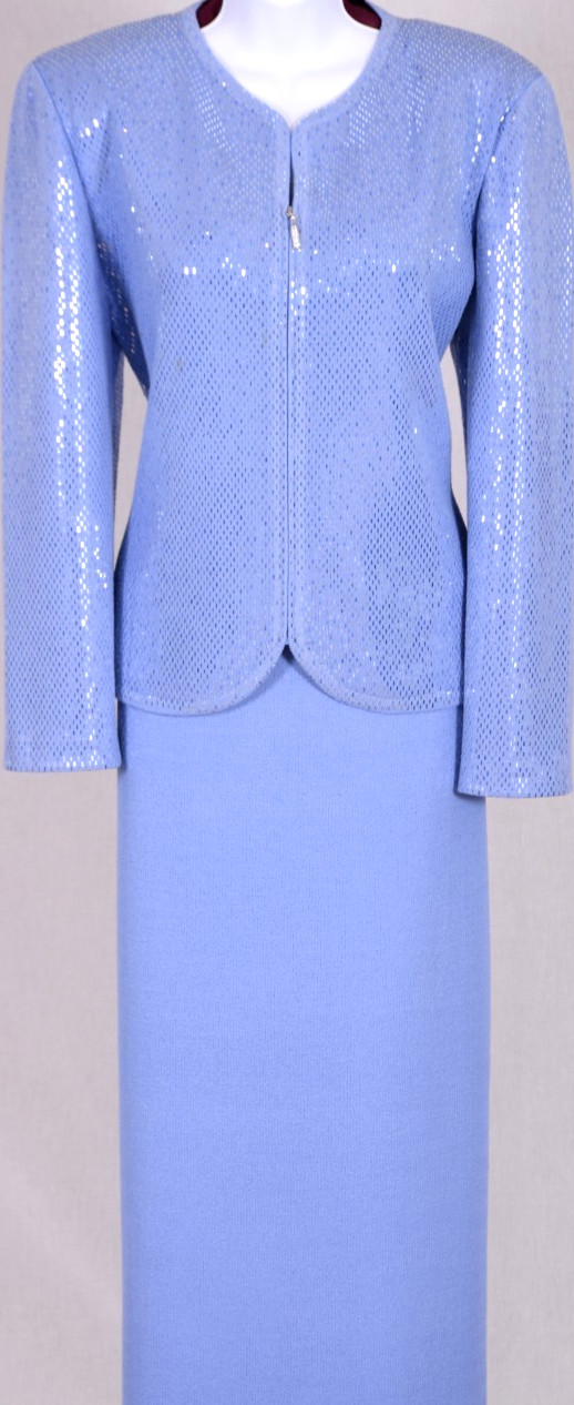 ST.JOHN Women\'s Blue Sequins Throughout Shimmer Rhinestone Jacket & Skirt Sz 16
