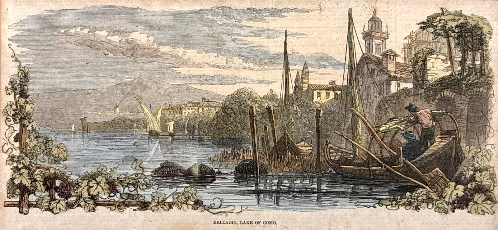 Vibrant Antique Bellagio Lake Como Italy Print 1857 Historic Rare Fine Art Gifts