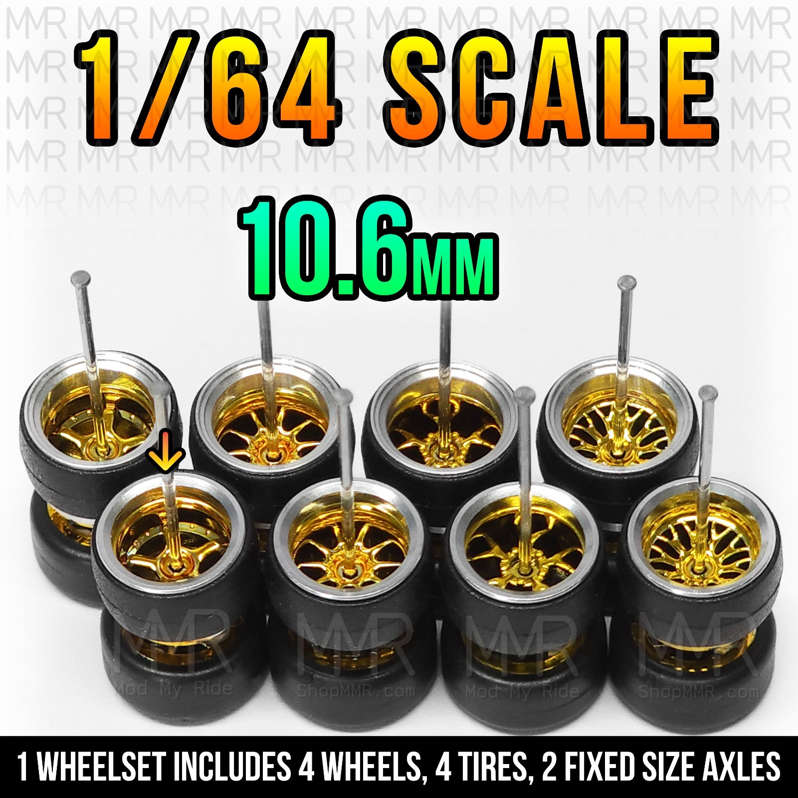 1/64 Scale CHROME GOLD STANCE ALLOY v2 Real Rider Wheels Rims Tires Set for Hot